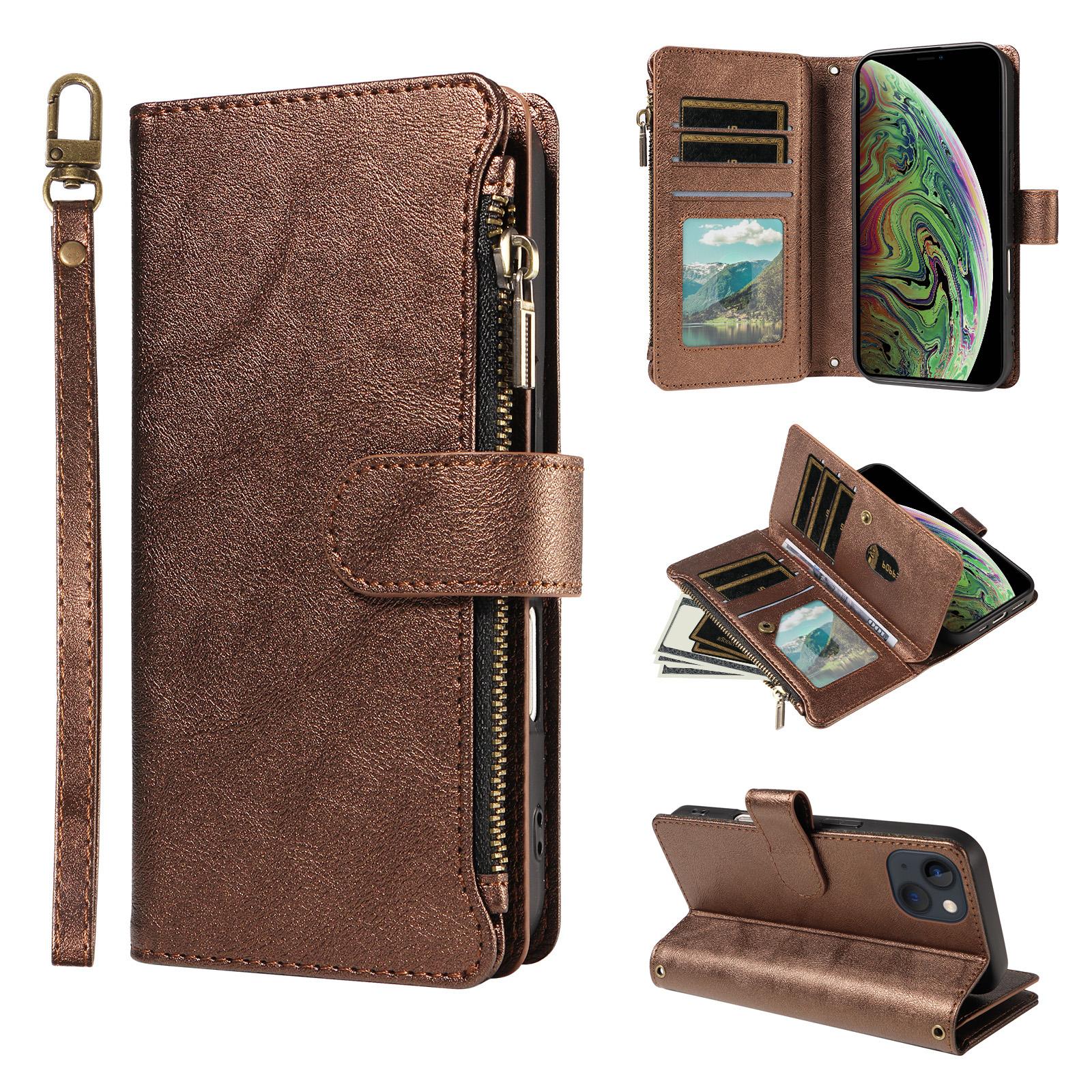 For iPhone 14 / 13 P03 Imitation Calf Leather 9 Card Slots Zipper Phone Case with Wrist Strap(Bronze) - Shopkiz.com