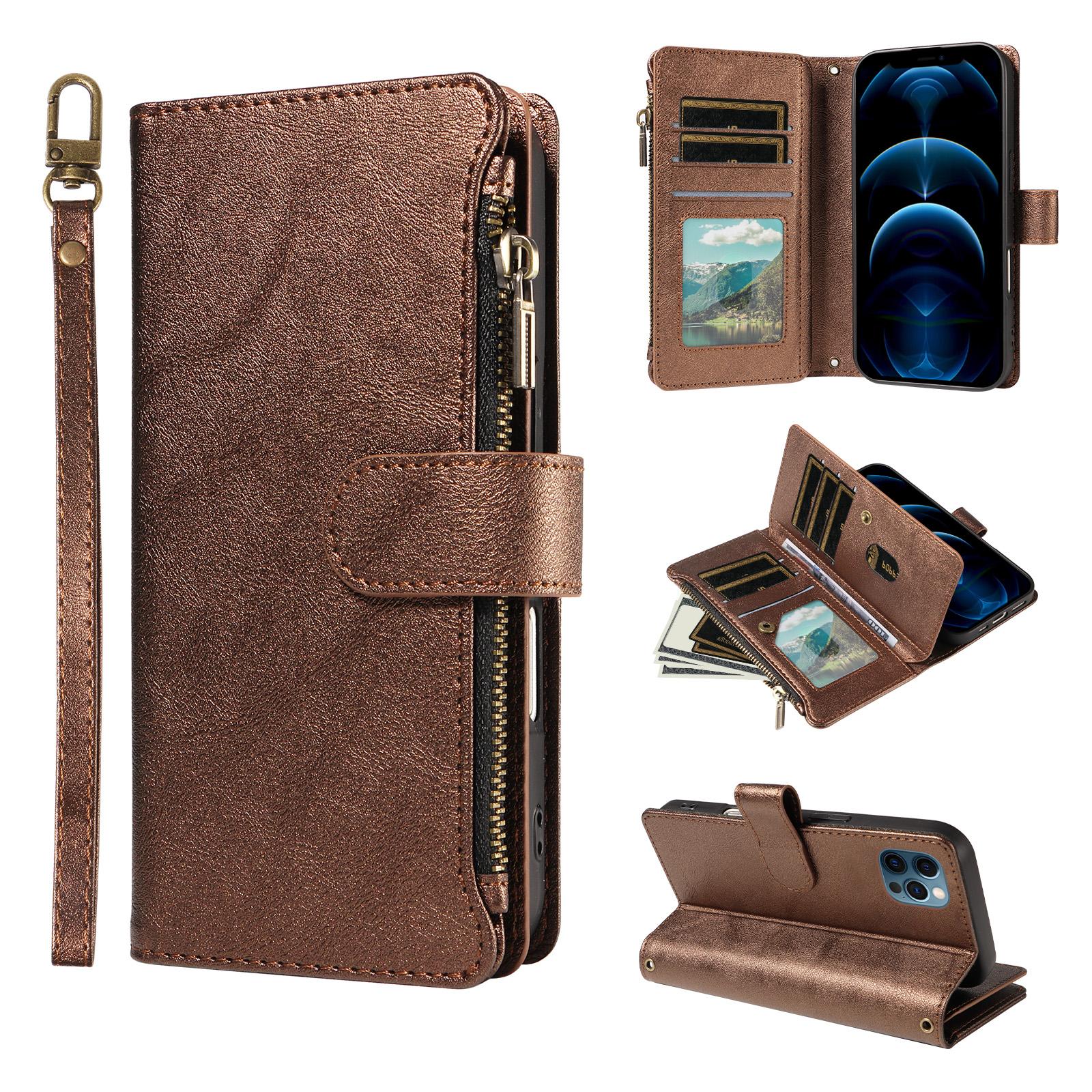For iPhone 13 Pro P03 Imitation Calf Leather 9 Card Slots Zipper Phone Case with Wrist Strap(Bronze) - Shopkiz.com