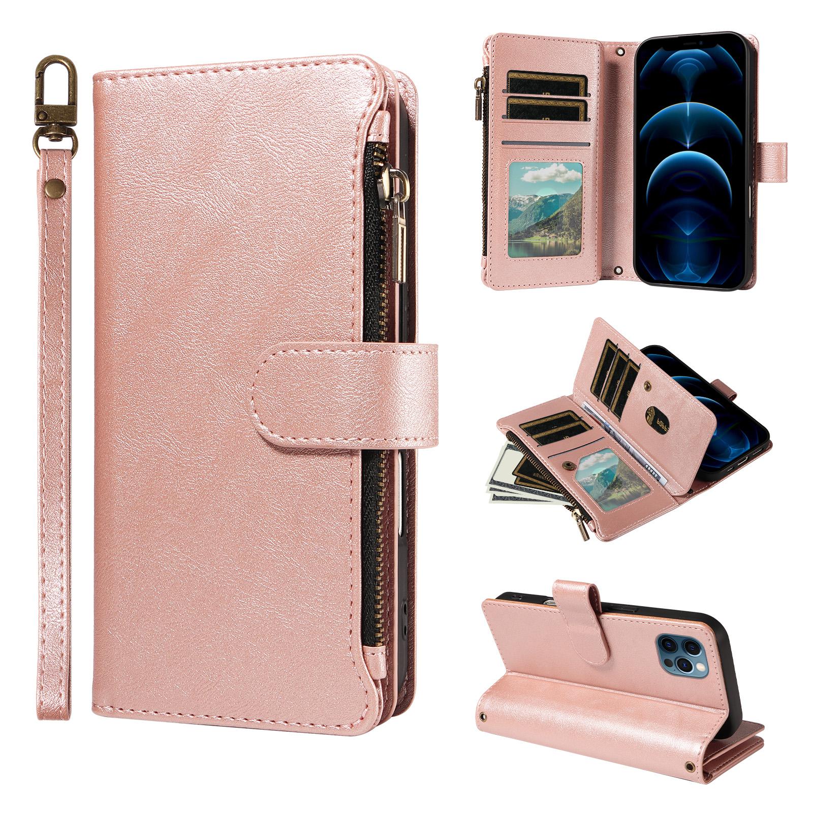 For iPhone 13 Pro Max P03 Imitation Calf Leather 9 Card Slots Zipper Phone Case with Wrist Strap(Rose Gold) - Shopkiz.com