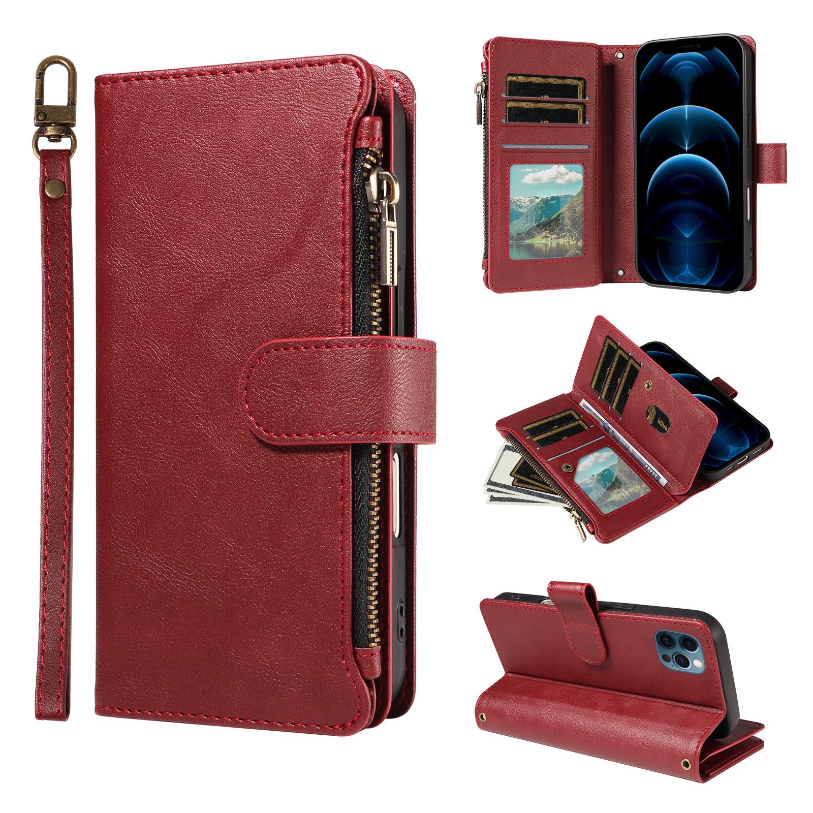 For iPhone 13 Pro Max P03 Imitation Calf Leather 9 Card Slots Zipper Phone Case with Wrist Strap(Red) - Shopkiz.com