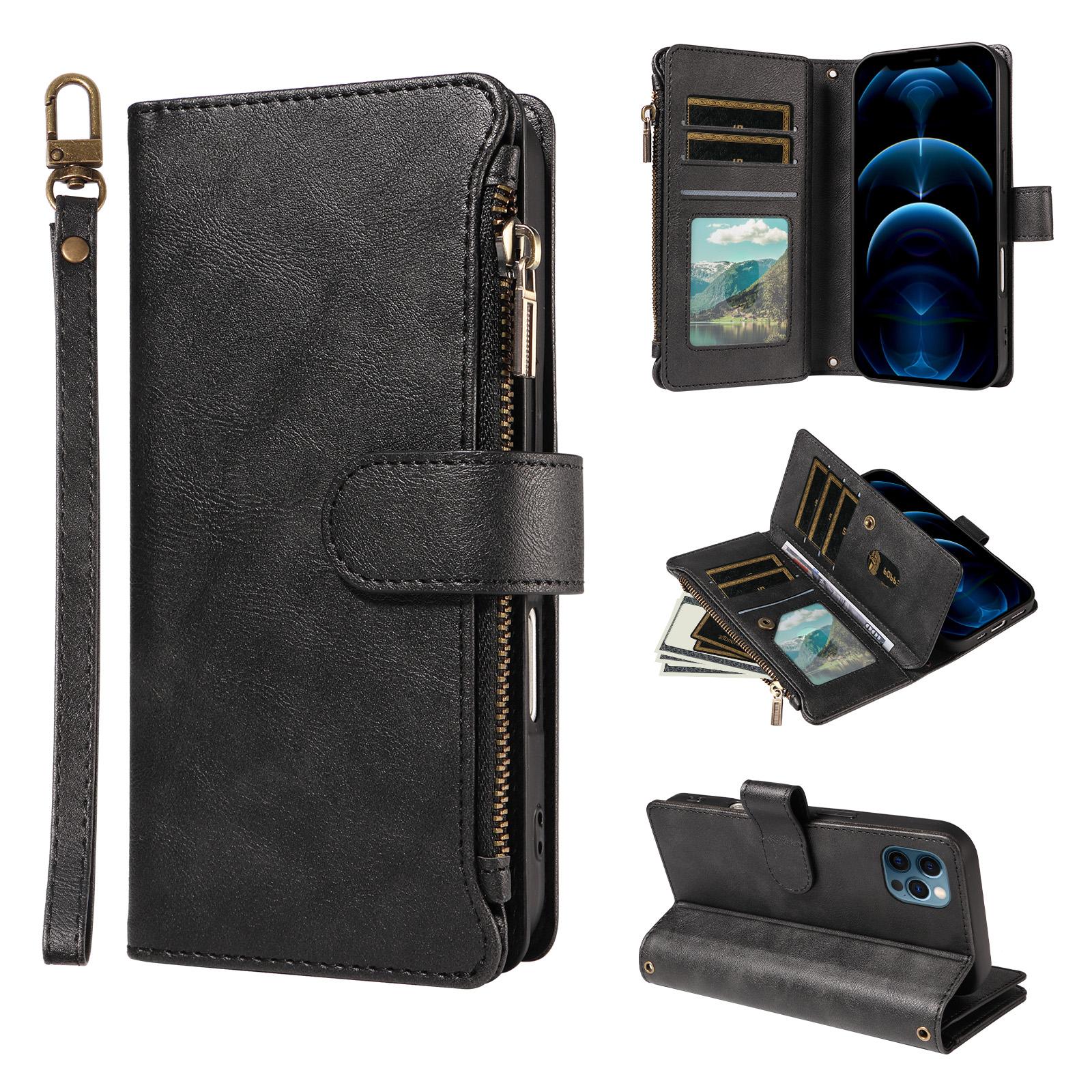 For iPhone 13 Pro Max P03 Imitation Calf Leather 9 Card Slots Zipper Phone Case with Wrist Strap(Black) - Shopkiz.com