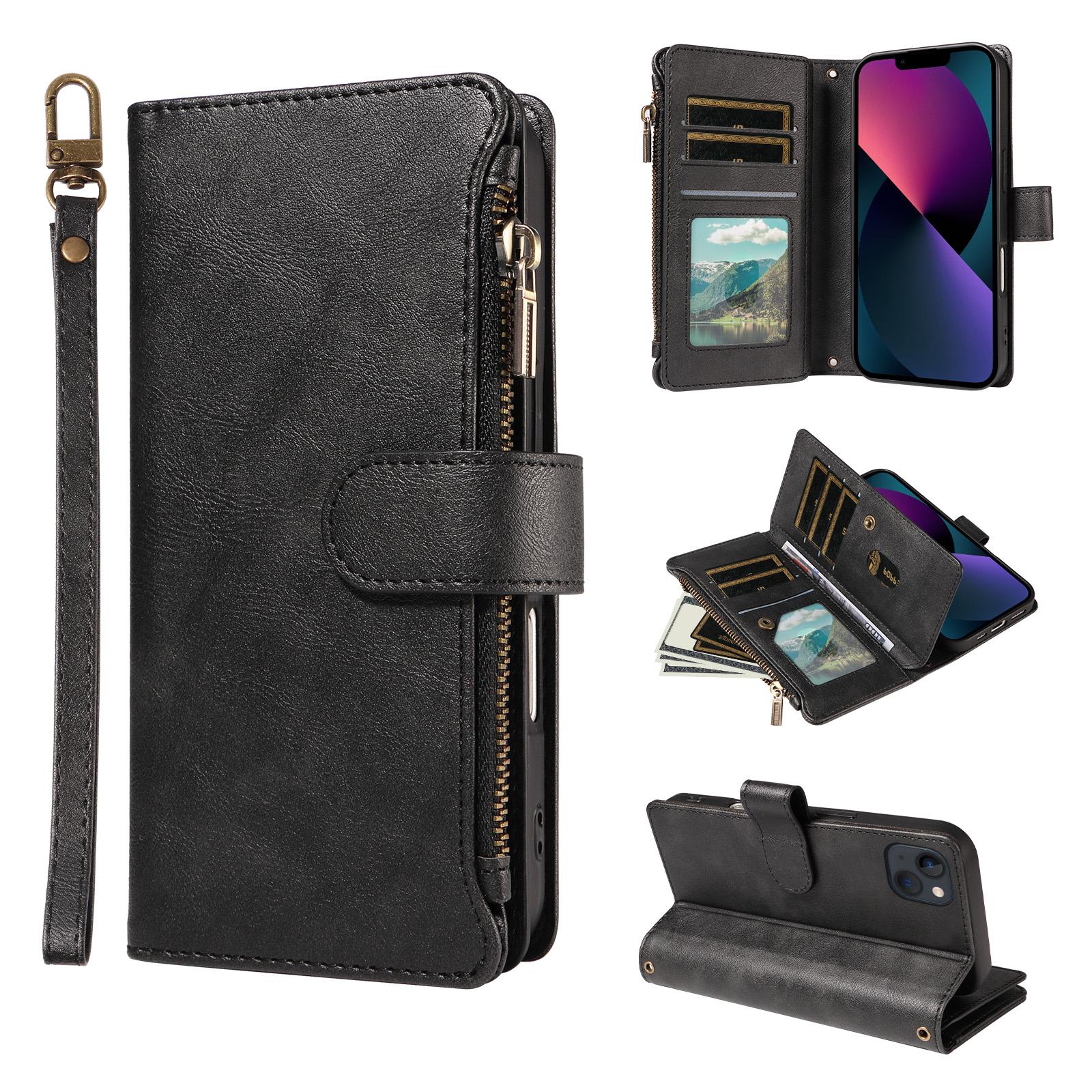 For iPhone 14 Plus P03 Imitation Calf Leather 9 Card Slots Zipper Phone Case with Wrist Strap(Black) - Shopkiz.com