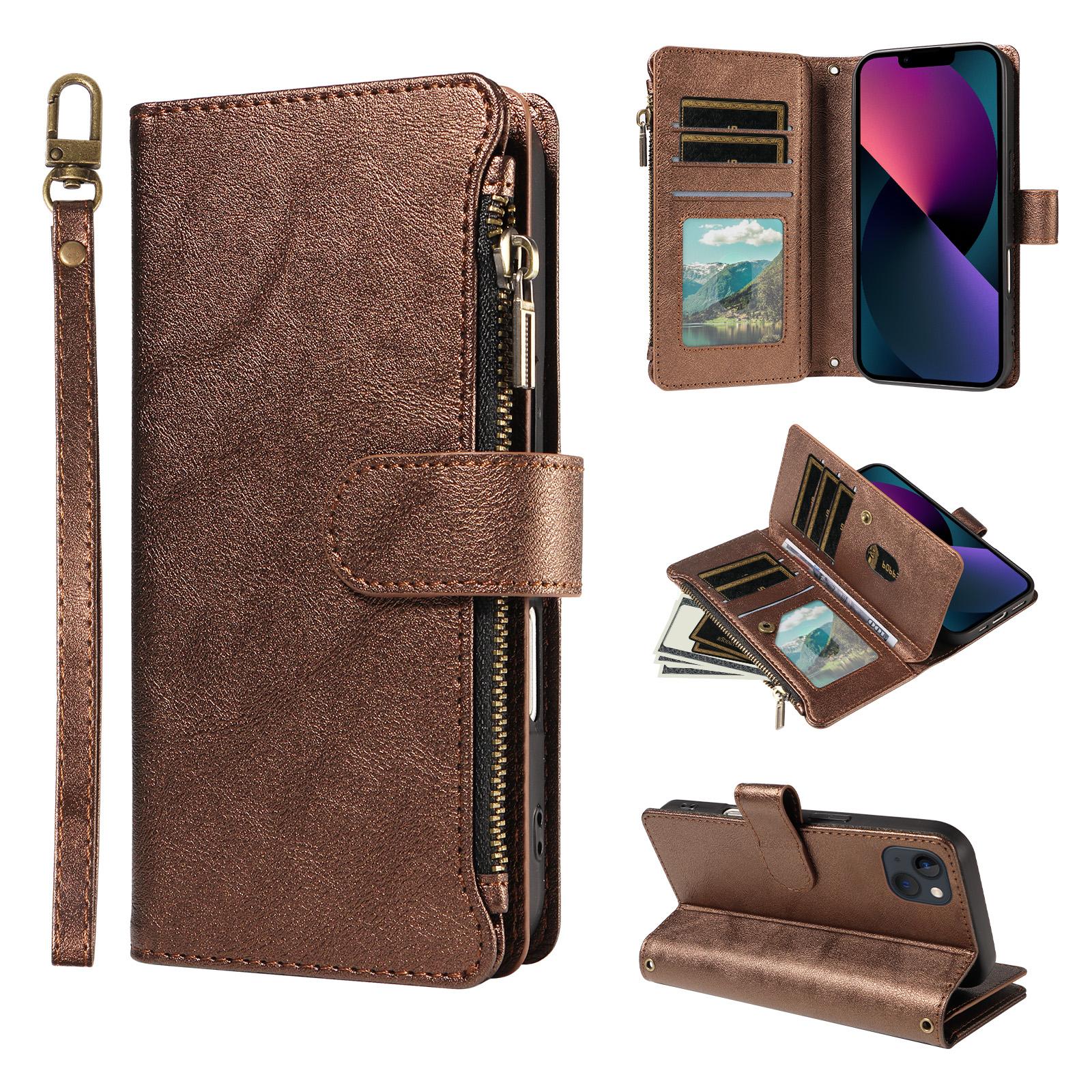 For iPhone 14 Plus P03 Imitation Calf Leather 9 Card Slots Zipper Phone Case with Wrist Strap(Bronze) - Shopkiz.com