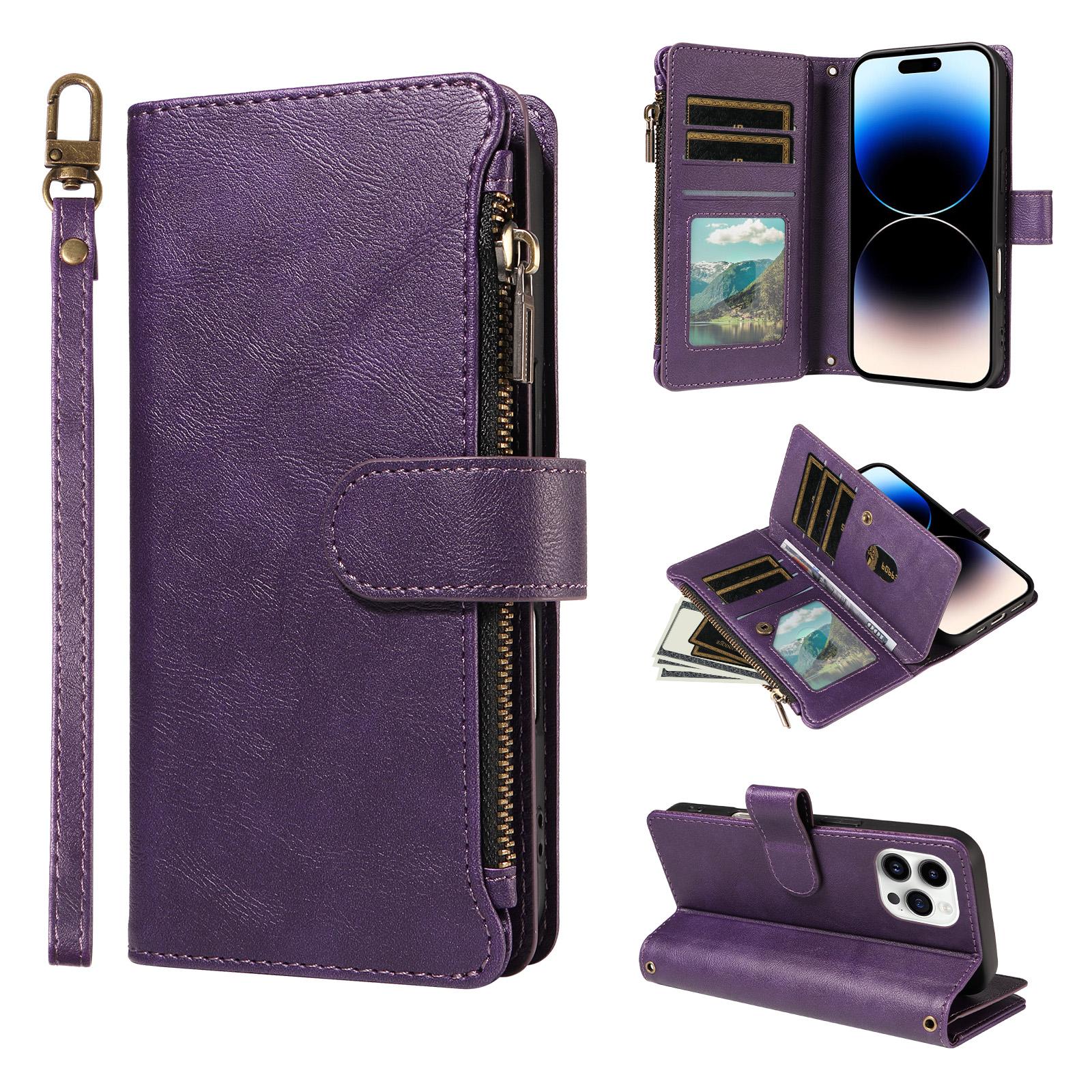 For iPhone 14 Pro P03 Imitation Calf Leather 9 Card Slots Zipper Phone Case with Wrist Strap(Purple) - Shopkiz.com