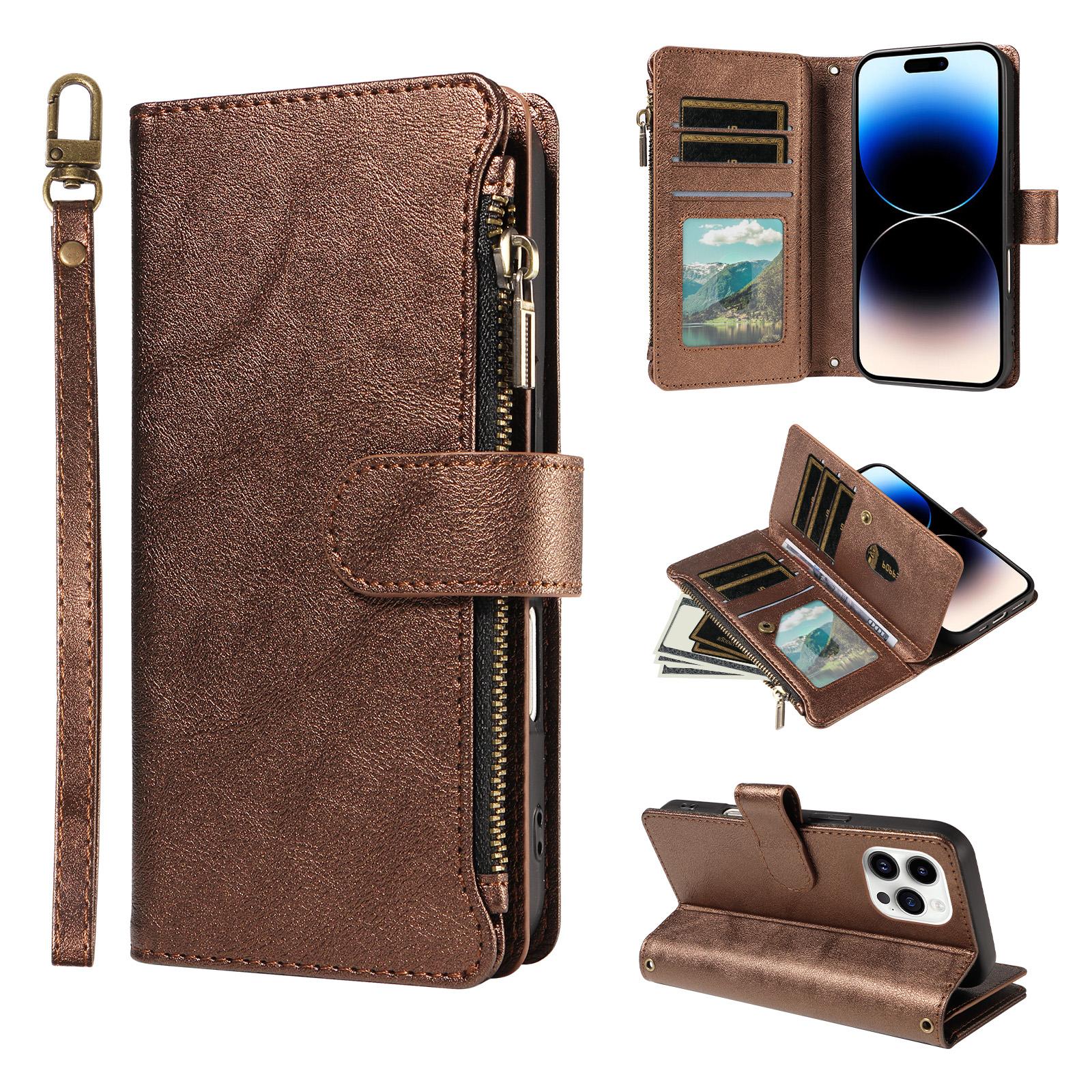 For iPhone 14 Pro P03 Imitation Calf Leather 9 Card Slots Zipper Phone Case with Wrist Strap(Bronze) - Shopkiz.com