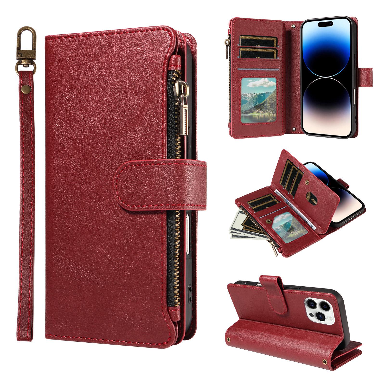 For iPhone 14 Pro Max P03 Imitation Calf Leather 9 Card Slots Zipper Phone Case with Wrist Strap(Red) - Shopkiz.com