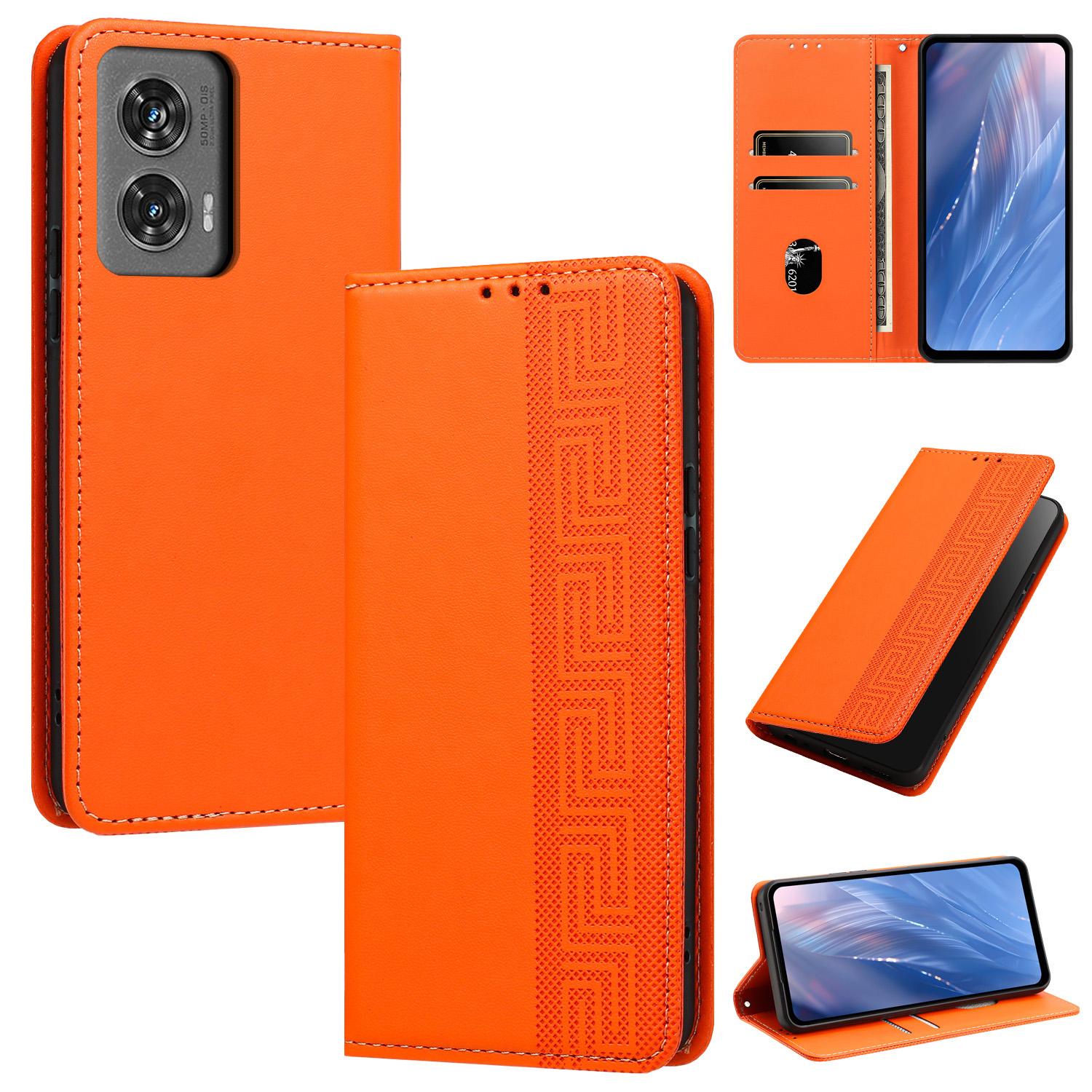 For Motorola Edge 50 Fusion 5G / G85 5G Embossed Meander Pattern RFID Vegan Leather Phone Case(Orange) - Shopkiz.com