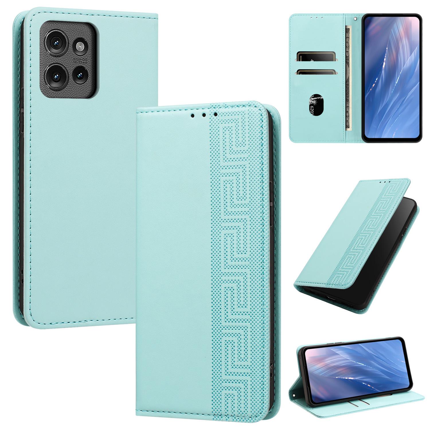 For Motorola Edge 50 / Edge 50 Pro 5G Embossed Meander Pattern RFID Vegan Leather Phone Case(Mint Green) - Shopkiz.com