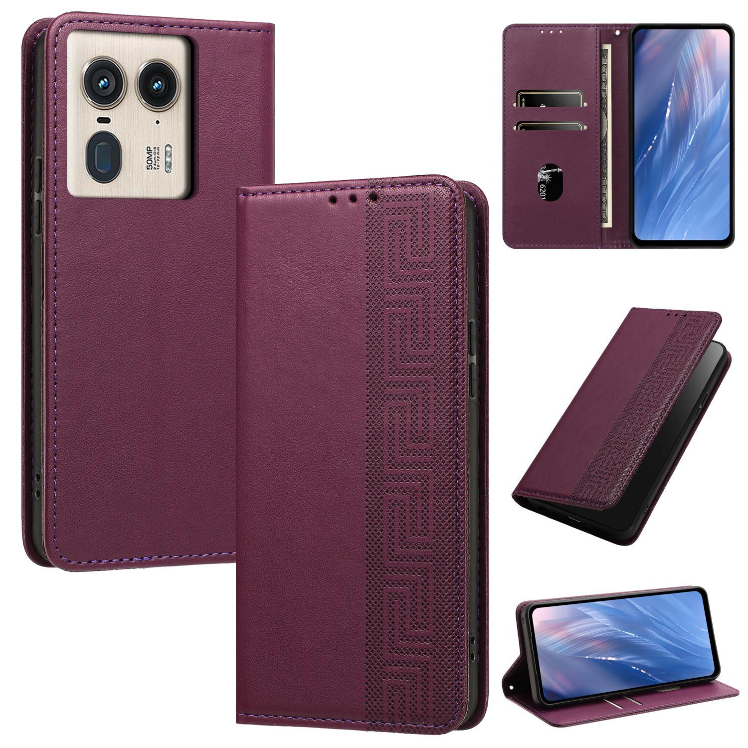 For Motorola Edge 50 Ultra 5G / X50 Ultra Embossed Meander Pattern RFID Vegan Leather Phone Case(Dark Purple) - Shopkiz.com