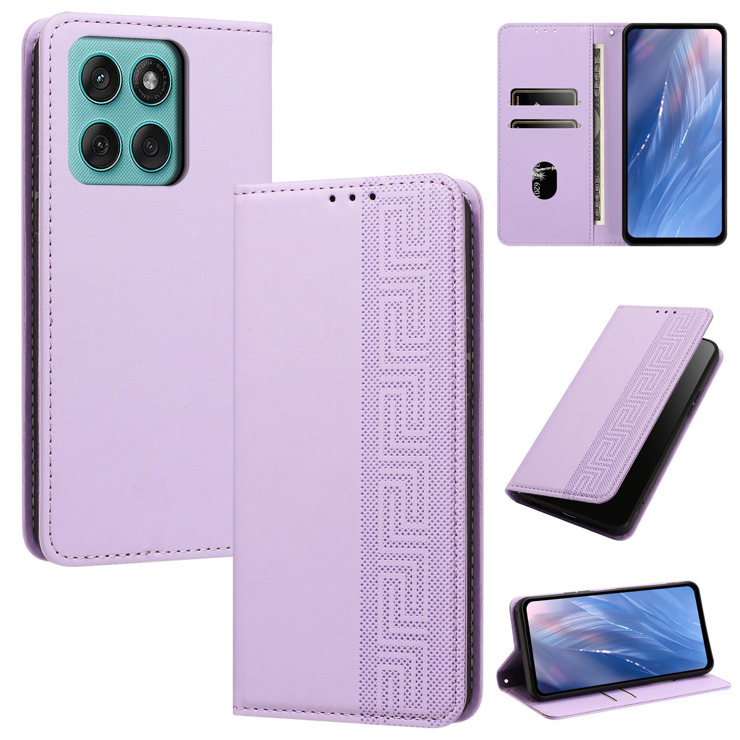 For Motorola Edge 60 Fusion / Edge 5G 2025 Embossed Meander Pattern RFID Vegan Leather Phone Case(Light Purple) - Shopkiz.com