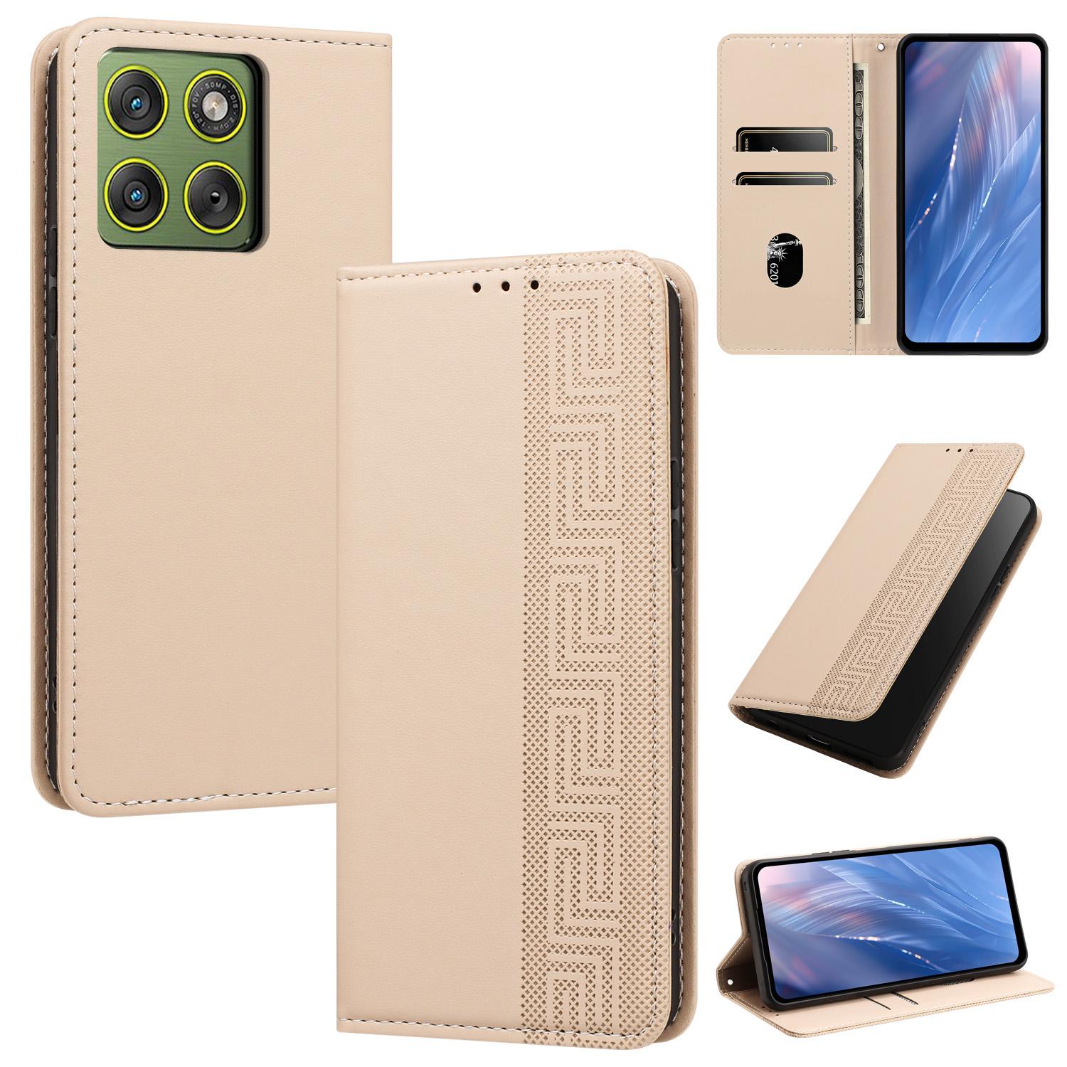For Motorola Edge 70 5G Embossed Meander Pattern RFID Vegan Leather Phone Case(Beige) - Shopkiz.com