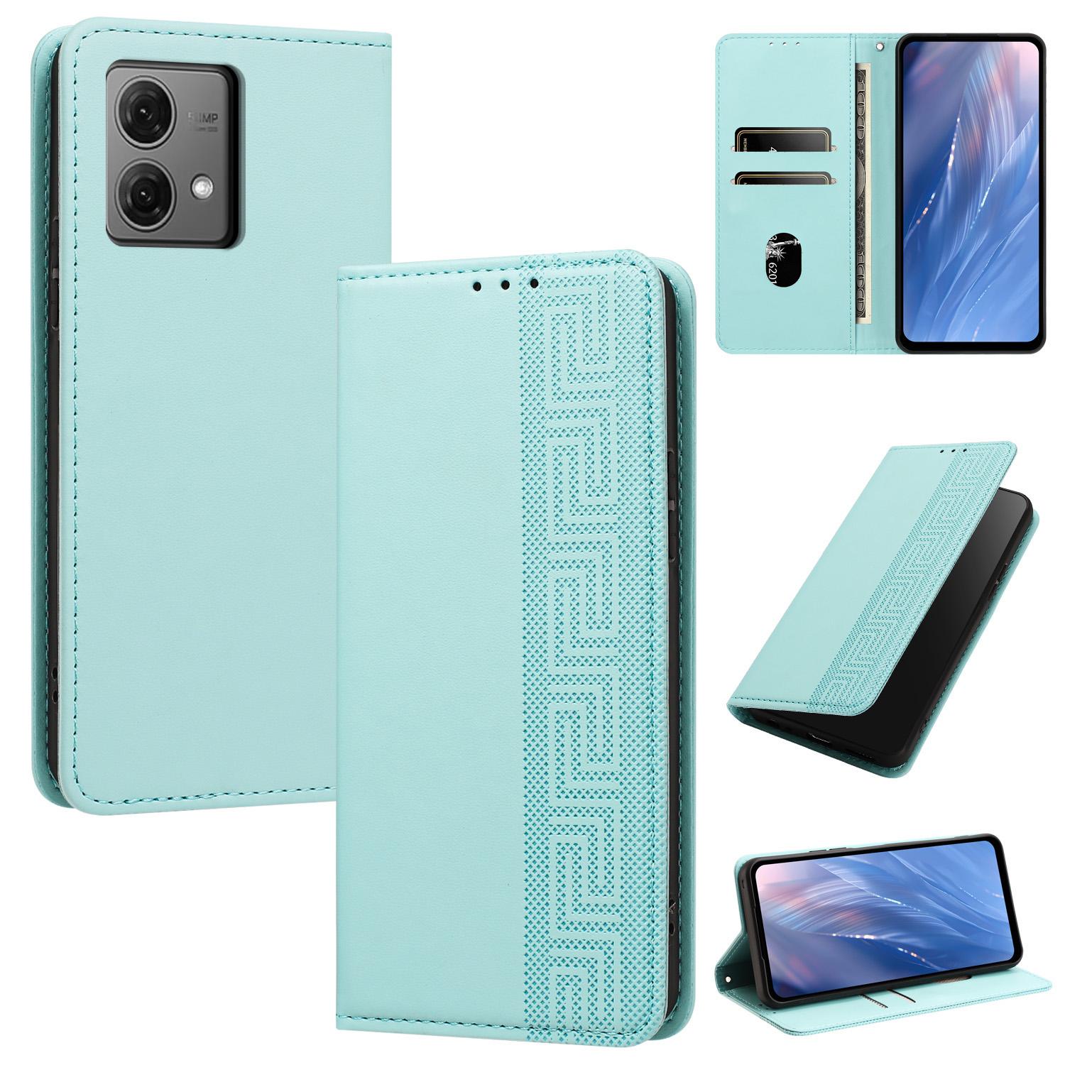 For Motorola Edge 40 Neo Embossed Meander Pattern RFID Vegan Leather Phone Case(Mint Green) - Shopkiz.com