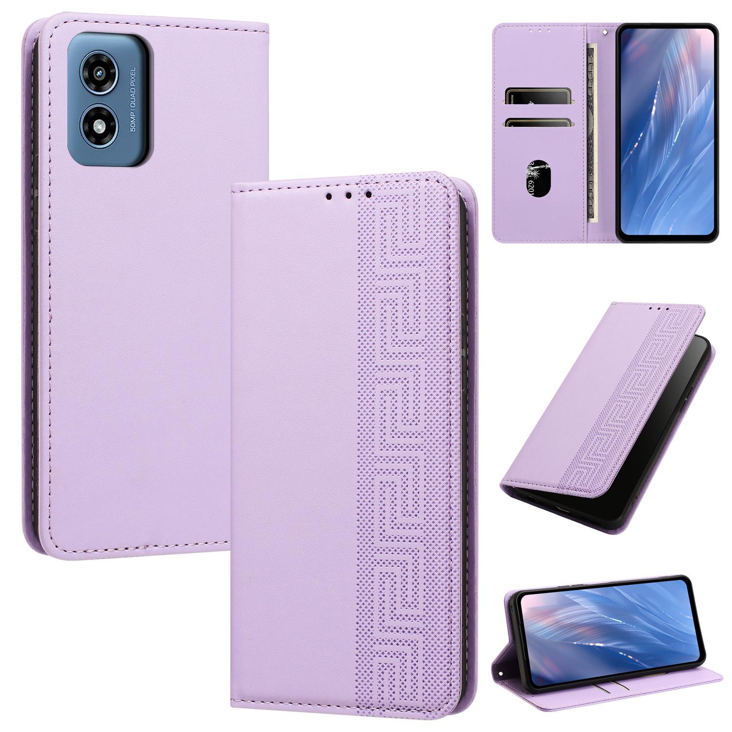 For Motorola Moto G Play 4G 2024 Embossed Meander Pattern RFID Vegan Leather Phone Case(Light Purple) - Shopkiz.com