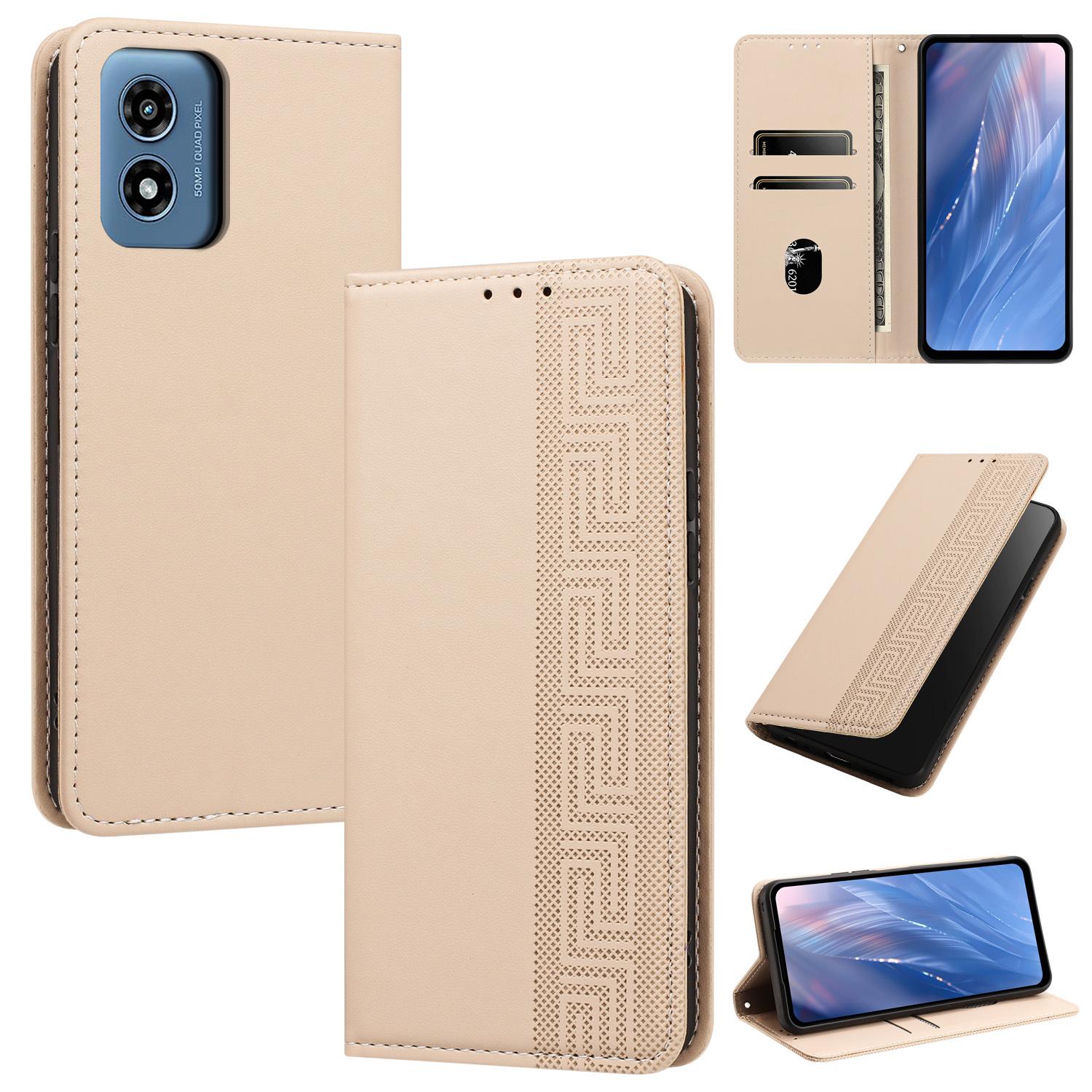 For Motorola Moto G Play 4G 2024 Embossed Meander Pattern RFID Vegan Leather Phone Case(Beige) - Shopkiz.com