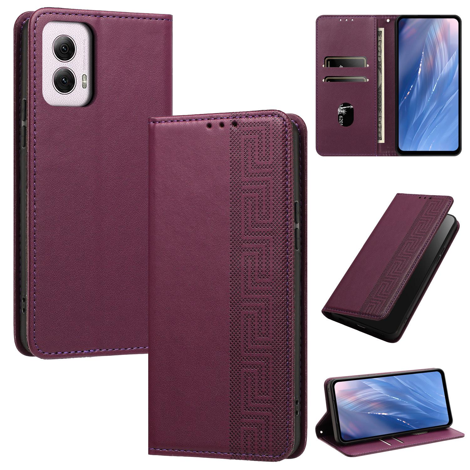 For Motorola Moto G Power 5G 2024 Embossed Meander Pattern RFID Vegan Leather Phone Case(Dark Purple) - Shopkiz.com