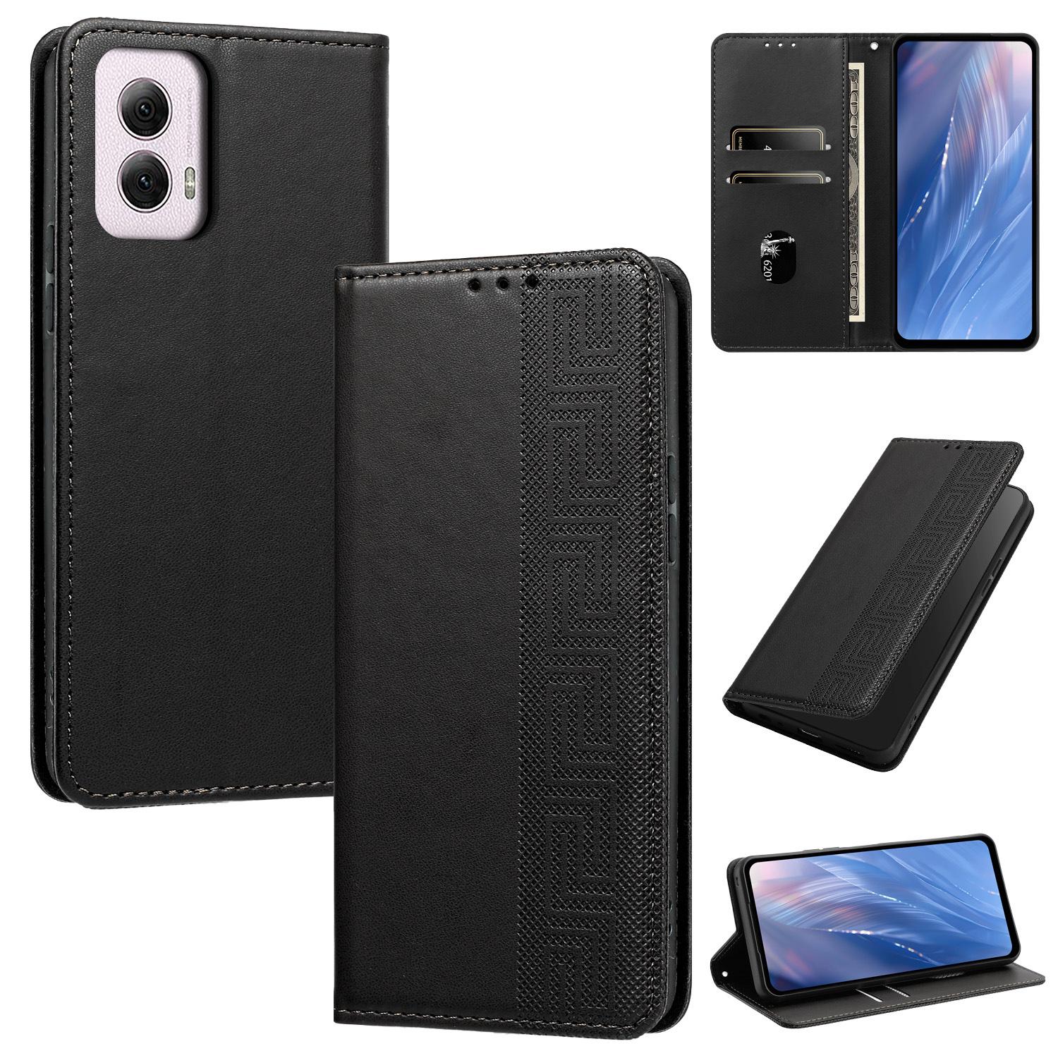 For Motorola Moto G Power 5G 2024 Embossed Meander Pattern RFID Vegan Leather Phone Case(Black) - Shopkiz.com