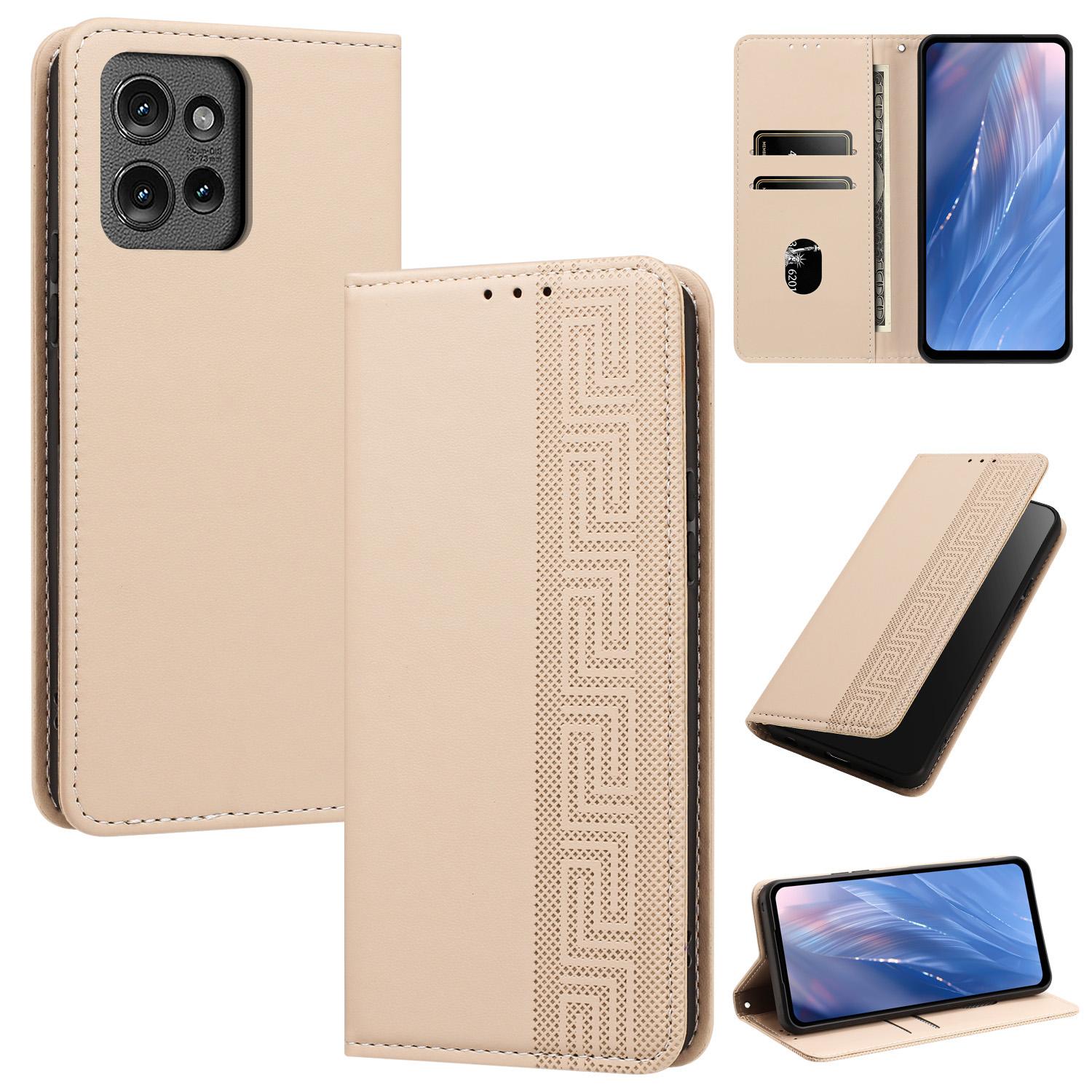 For Motorola Moto G Power 5G 2025 Embossed Meander Pattern RFID Vegan Leather Phone Case(Beige) - Shopkiz.com