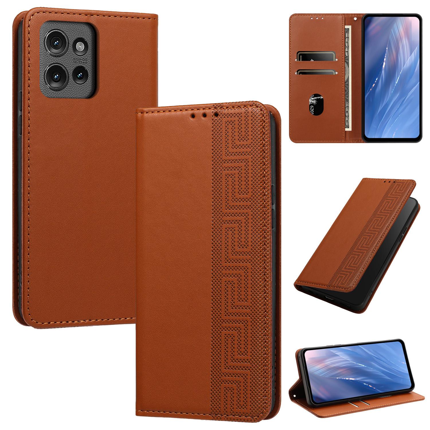 For Motorola Moto G Power 5G 2025 Embossed Meander Pattern RFID Vegan Leather Phone Case(Brown) - Shopkiz.com
