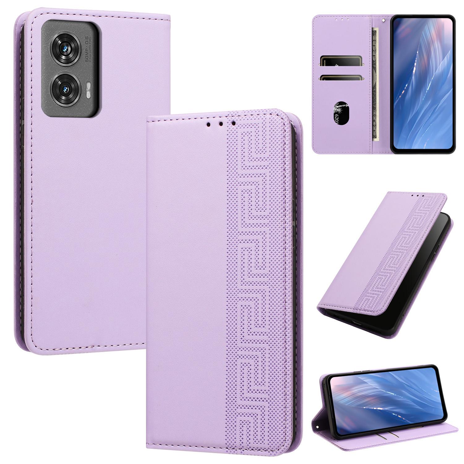For Motorola Moto G Stylus 5G 2024 Embossed Meander Pattern RFID Vegan Leather Phone Case(Light Purple) - Shopkiz.com