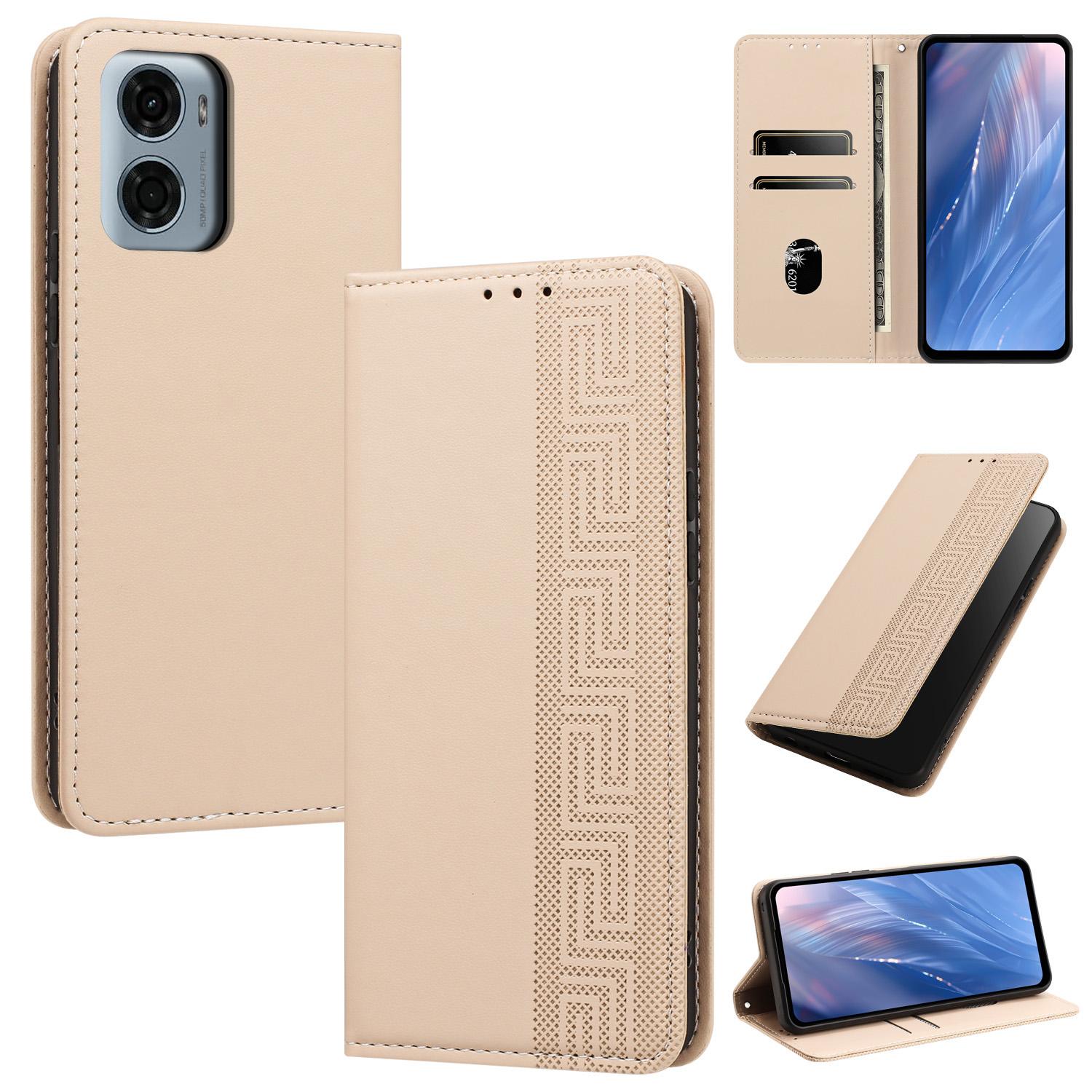 For Motorola Moto G05 / E15 Embossed Meander Pattern RFID Vegan Leather Phone Case(Beige) - Shopkiz.com