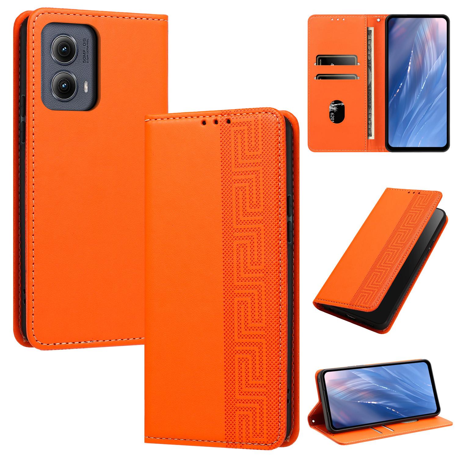 For Motorola Moto G35 5G Embossed Meander Pattern RFID Vegan Leather Phone Case(Orange) - Shopkiz.com
