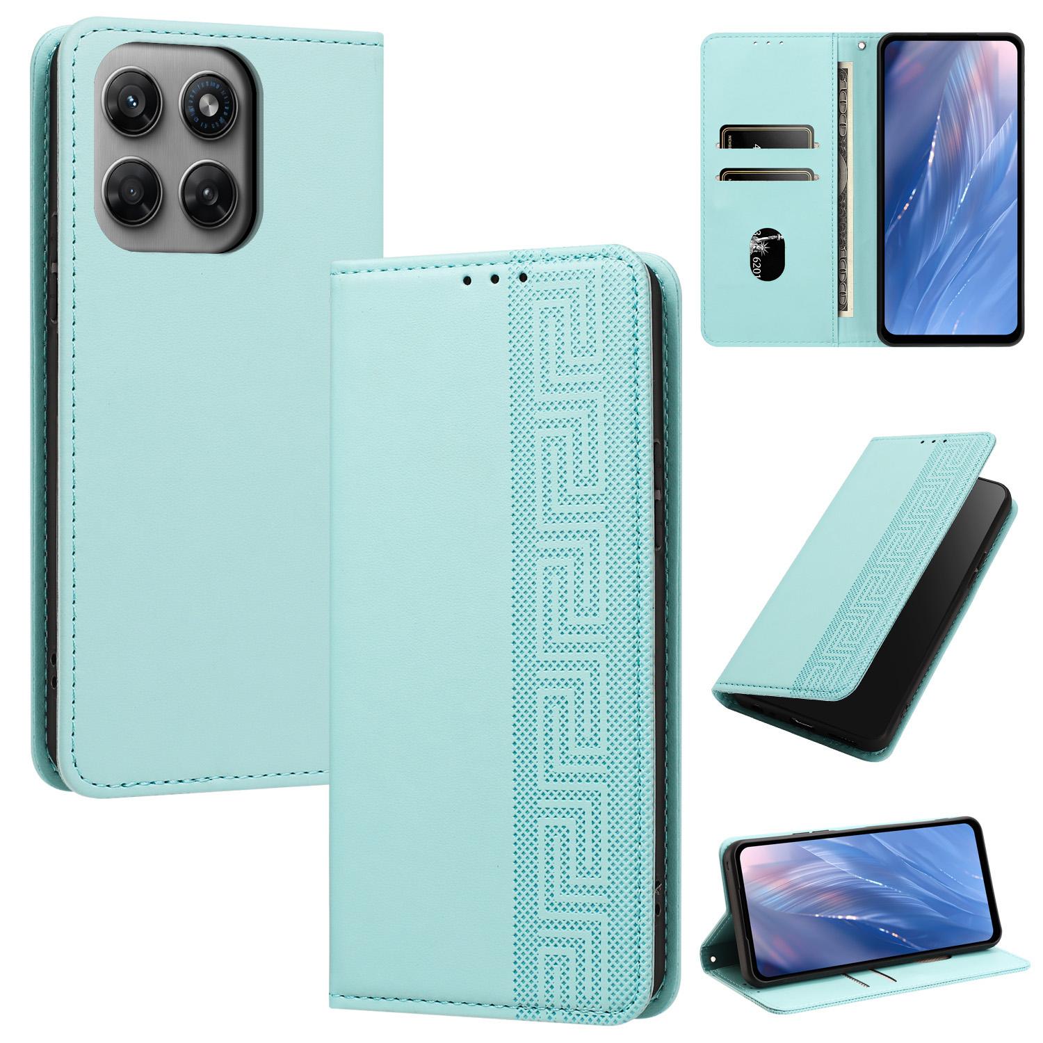 For Motorola Moto G37 5G / G47 / G37 Power Embossed Meander Pattern RFID Vegan Leather Phone Case(Mint Green) - Shopkiz.com