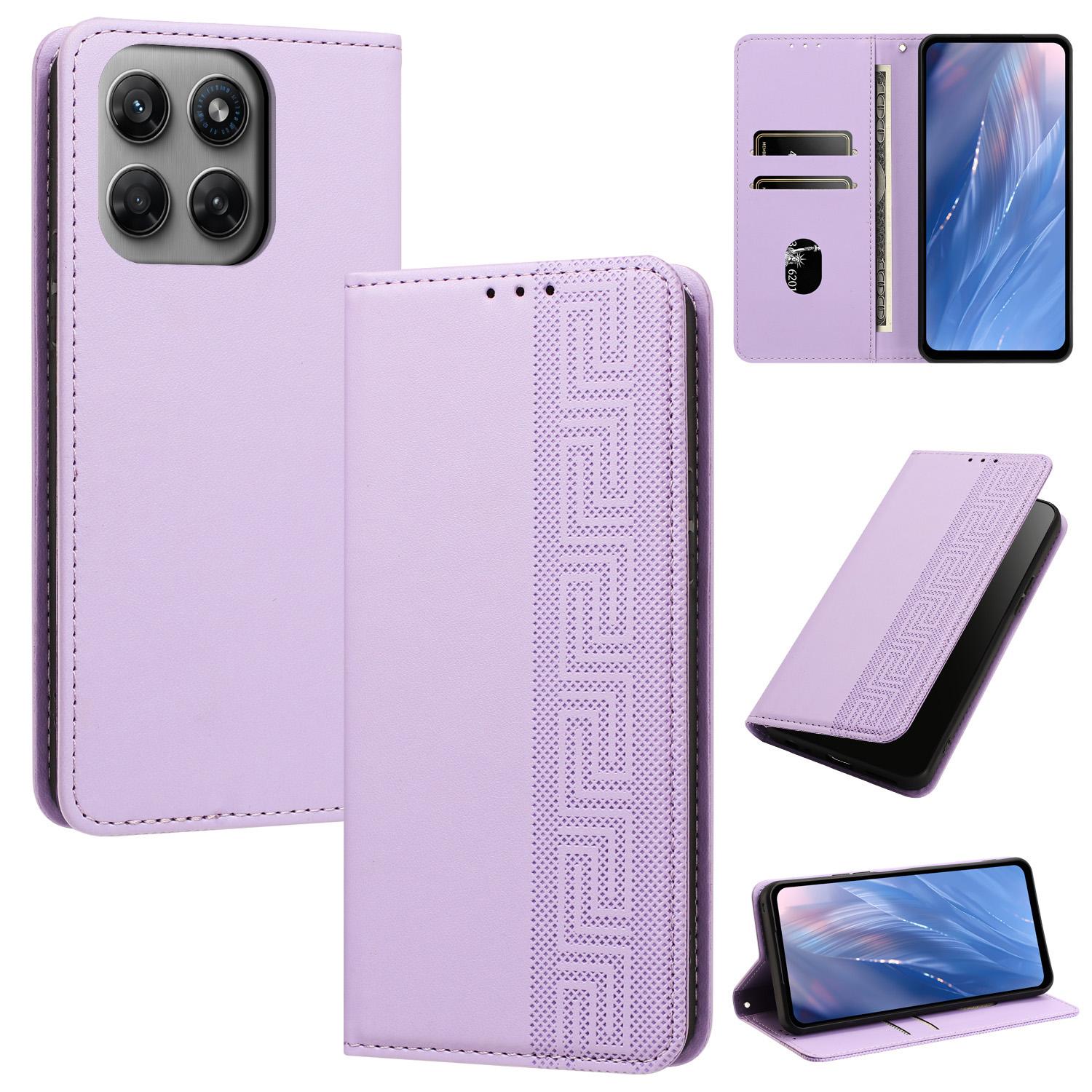 For Motorola Moto G37 5G / G47 / G37 Power Embossed Meander Pattern RFID Vegan Leather Phone Case(Light Purple) - Shopkiz.com