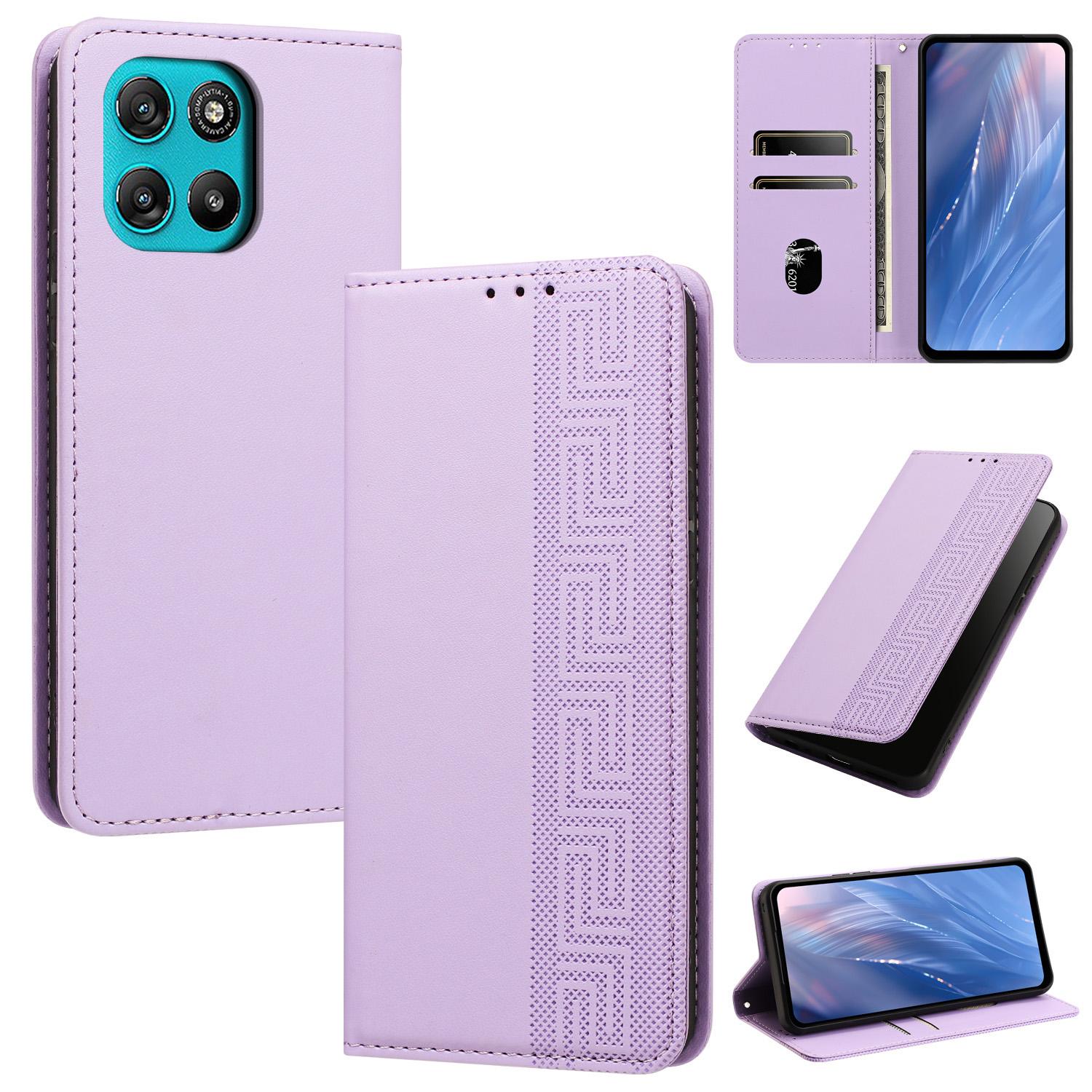 For Motorola Moto G57 5G / G67 Power Embossed Meander Pattern RFID Vegan Leather Phone Case(Light Purple) - Shopkiz.com