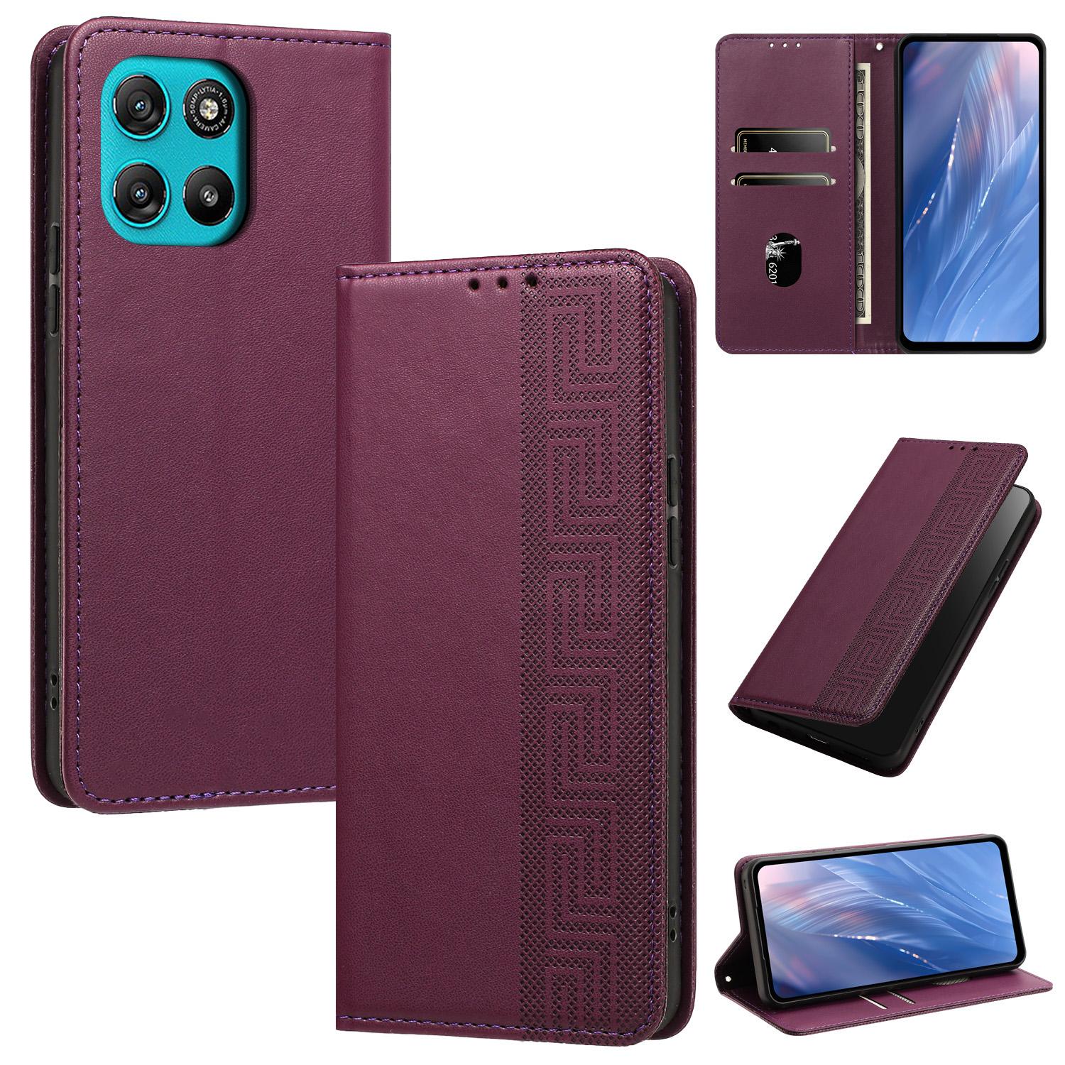 For Motorola Moto G57 5G / G67 Power Embossed Meander Pattern RFID Vegan Leather Phone Case(Dark Purple) - Shopkiz.com