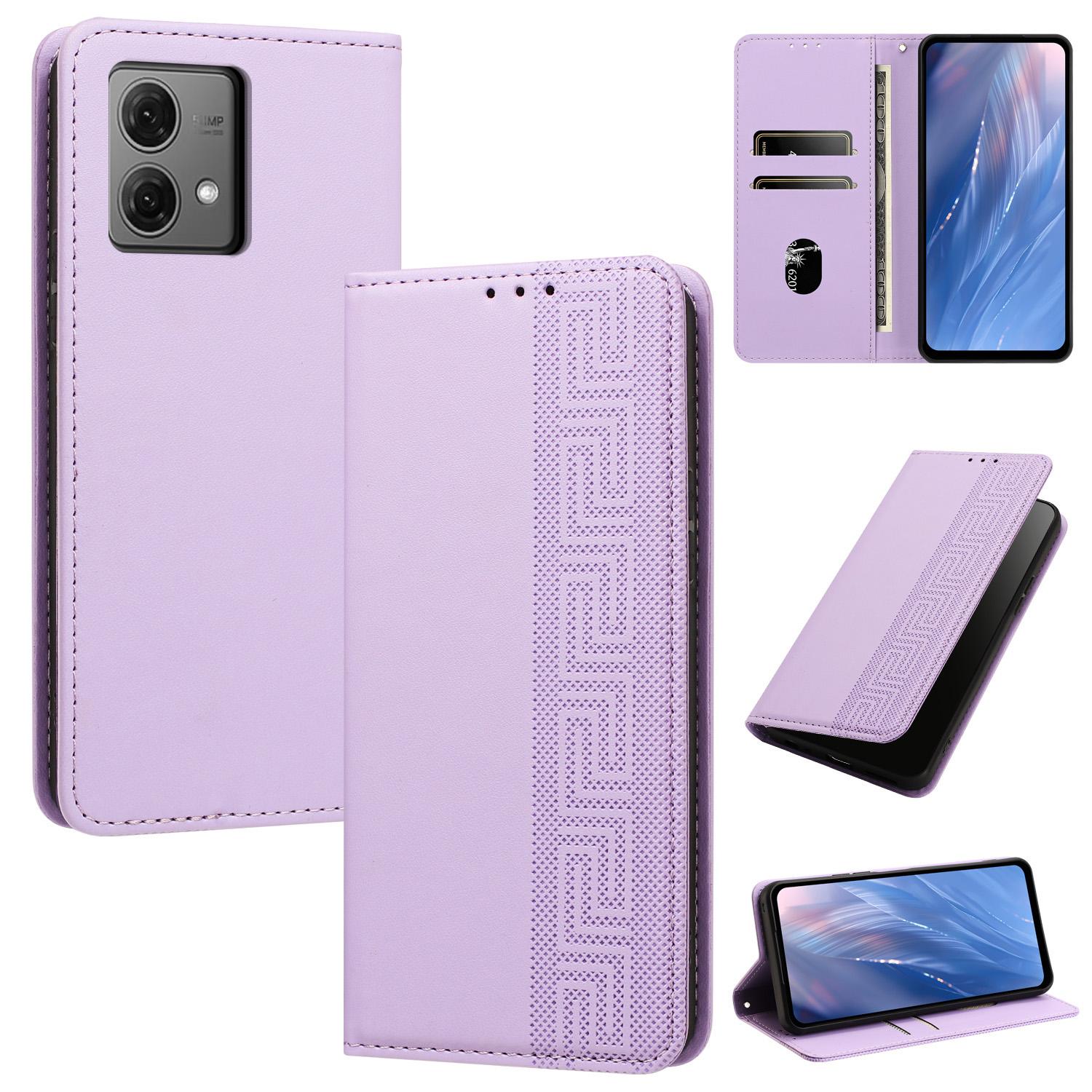 For Motorola Moto G84 5G Embossed Meander Pattern RFID Vegan Leather Phone Case(Light Purple) - Shopkiz.com
