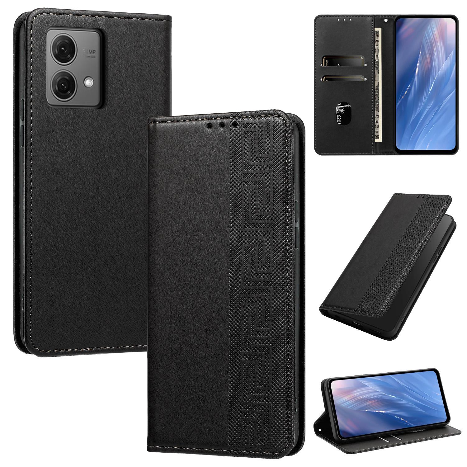 For Motorola Moto G84 5G Embossed Meander Pattern RFID Vegan Leather Phone Case(Black) - Shopkiz.com