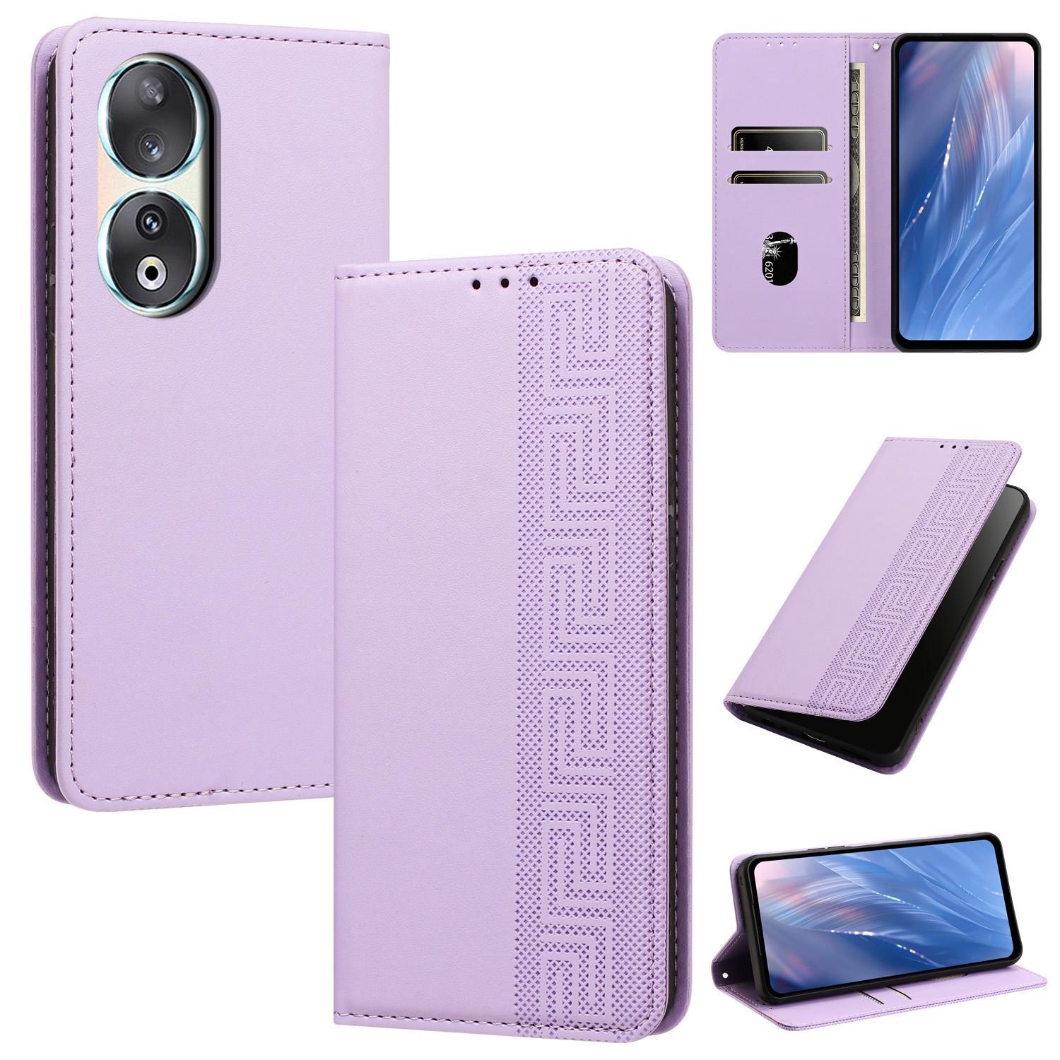 For Honor 90 Embossed Meander Pattern RFID Vegan Leather Phone Case(Light Purple) - Shopkiz.com