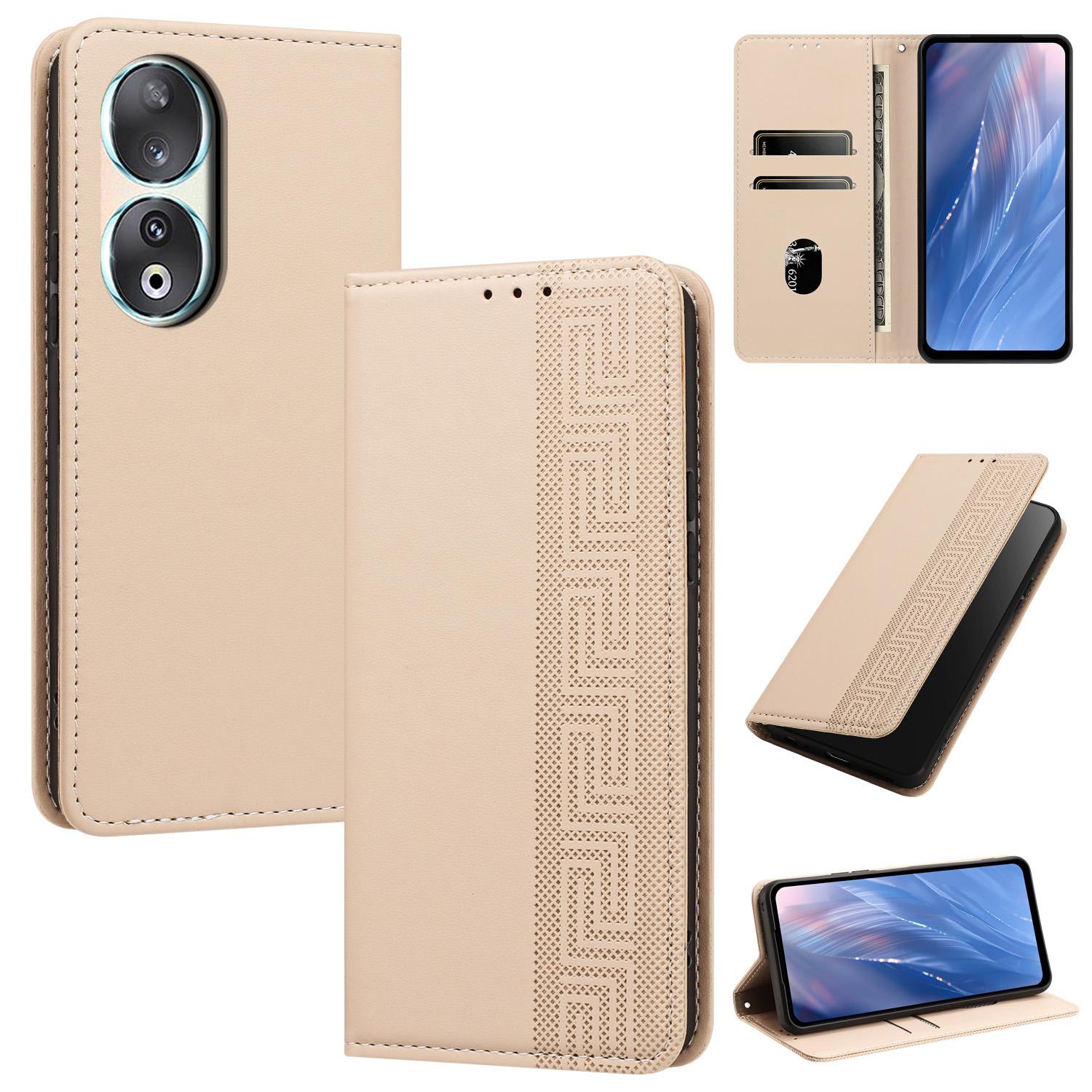 For Honor 90 Embossed Meander Pattern RFID Vegan Leather Phone Case(Beige) - Shopkiz.com