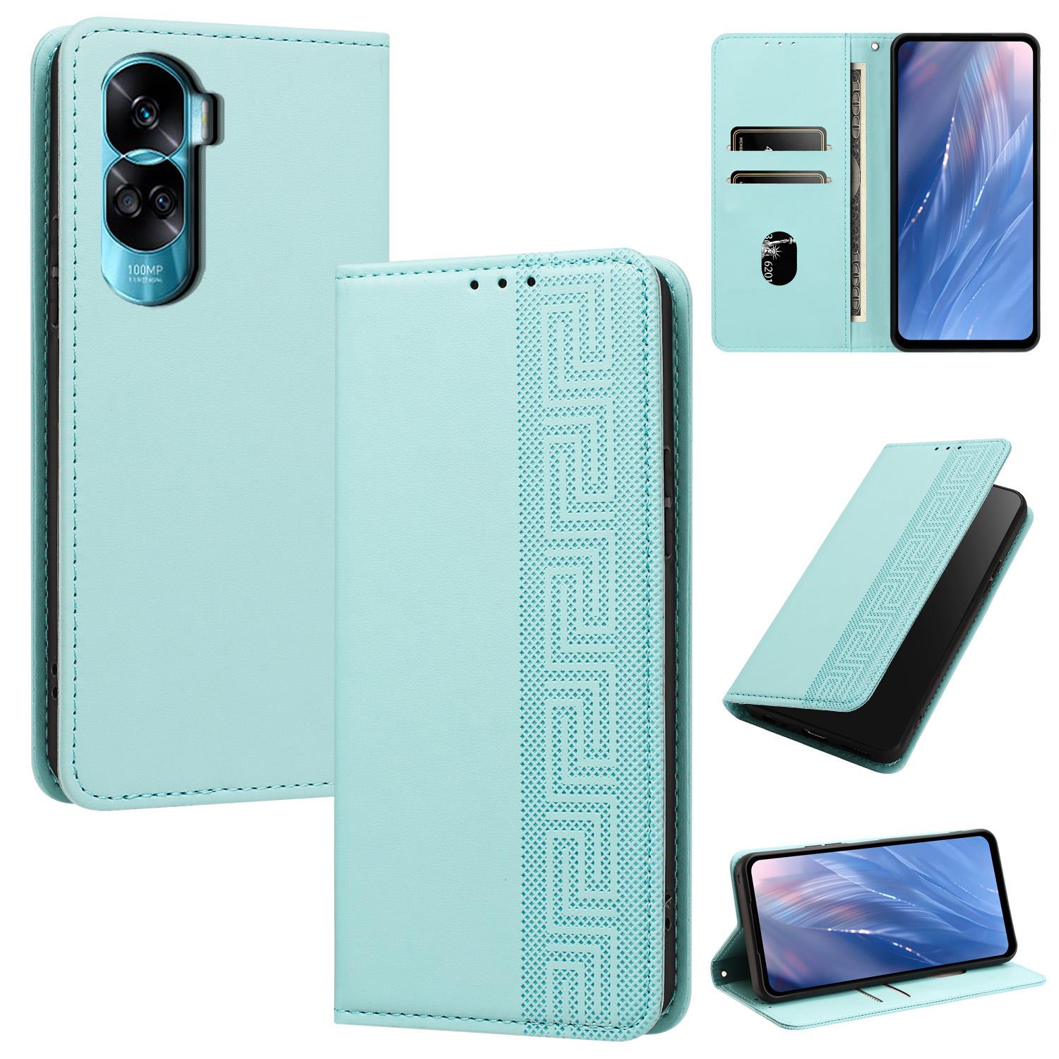 For Honor 90 Lite / X50i 5G Embossed Meander Pattern RFID Vegan Leather Phone Case(Mint Green) - Shopkiz.com