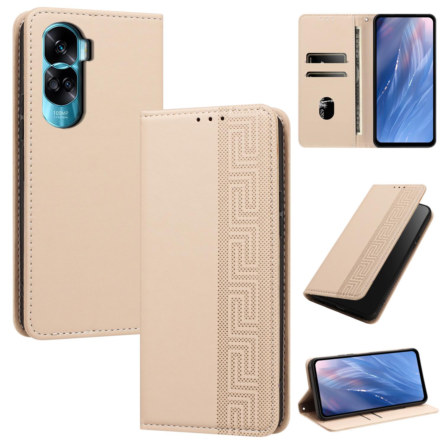 For Honor 90 Lite / X50i 5G Embossed Meander Pattern RFID Vegan Leather Phone Case(Beige) - Shopkiz.com