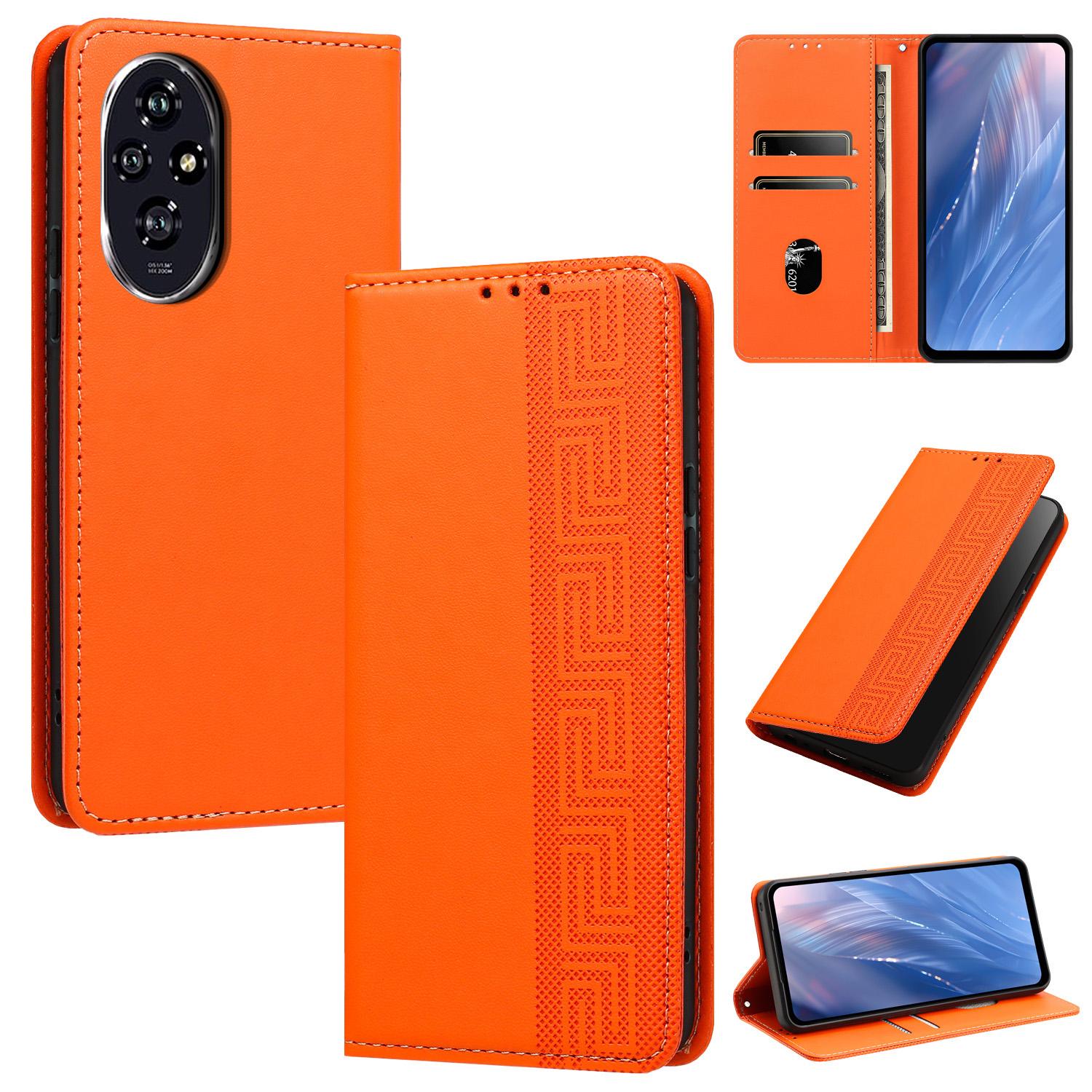 For Honor 200 Pro Embossed Meander Pattern RFID Vegan Leather Phone Case(Orange) - Shopkiz.com