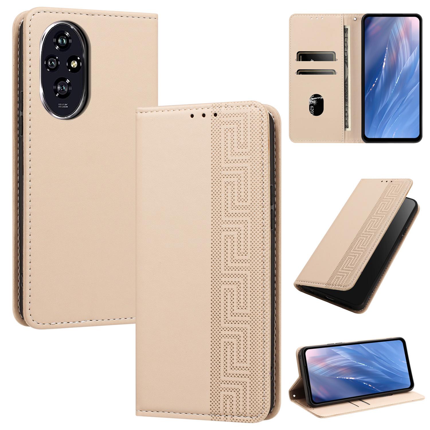 For Honor 200 Pro Embossed Meander Pattern RFID Vegan Leather Phone Case(Beige) - Shopkiz.com