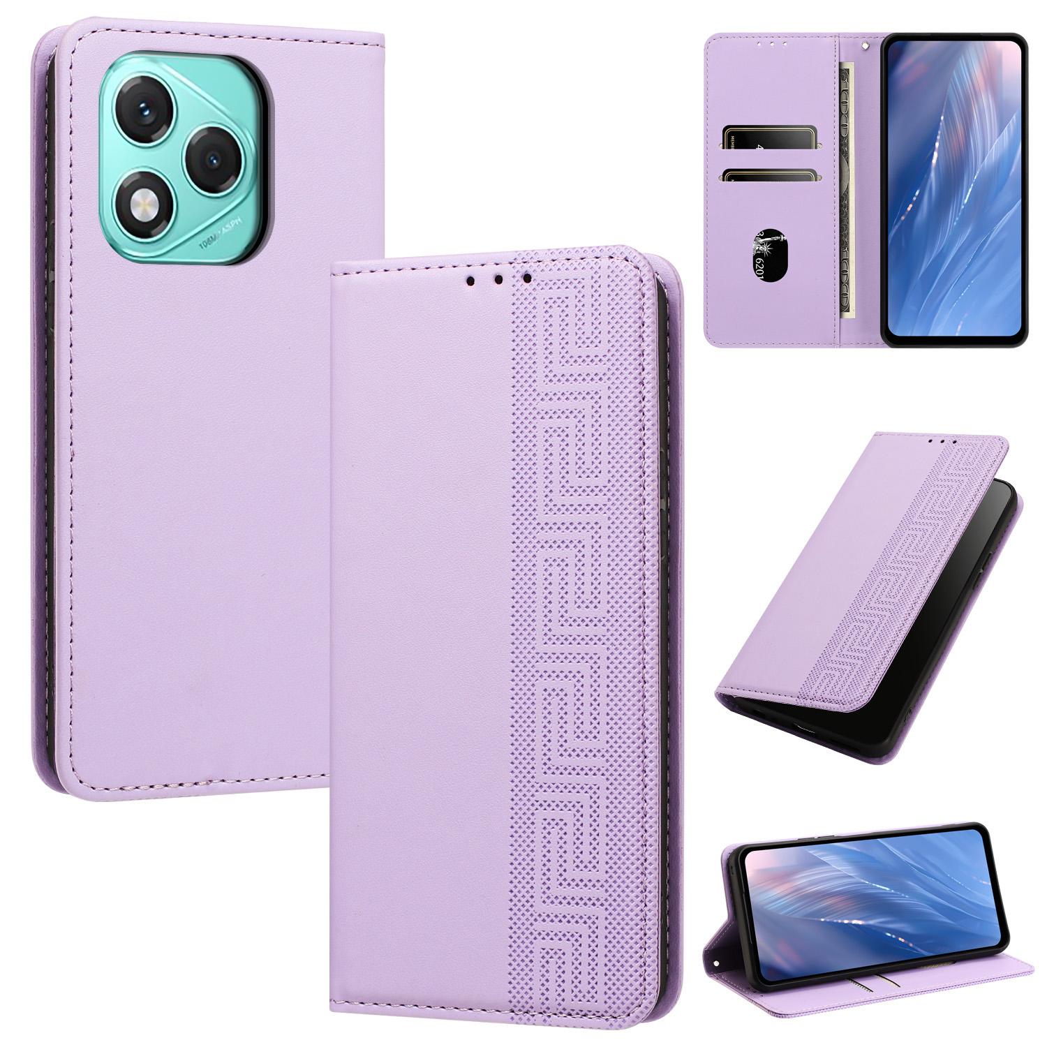 For Honor 400 Lite Global / X70i / X60i Embossed Meander Pattern RFID Vegan Leather Phone Case(Light Purple) - Shopkiz.com