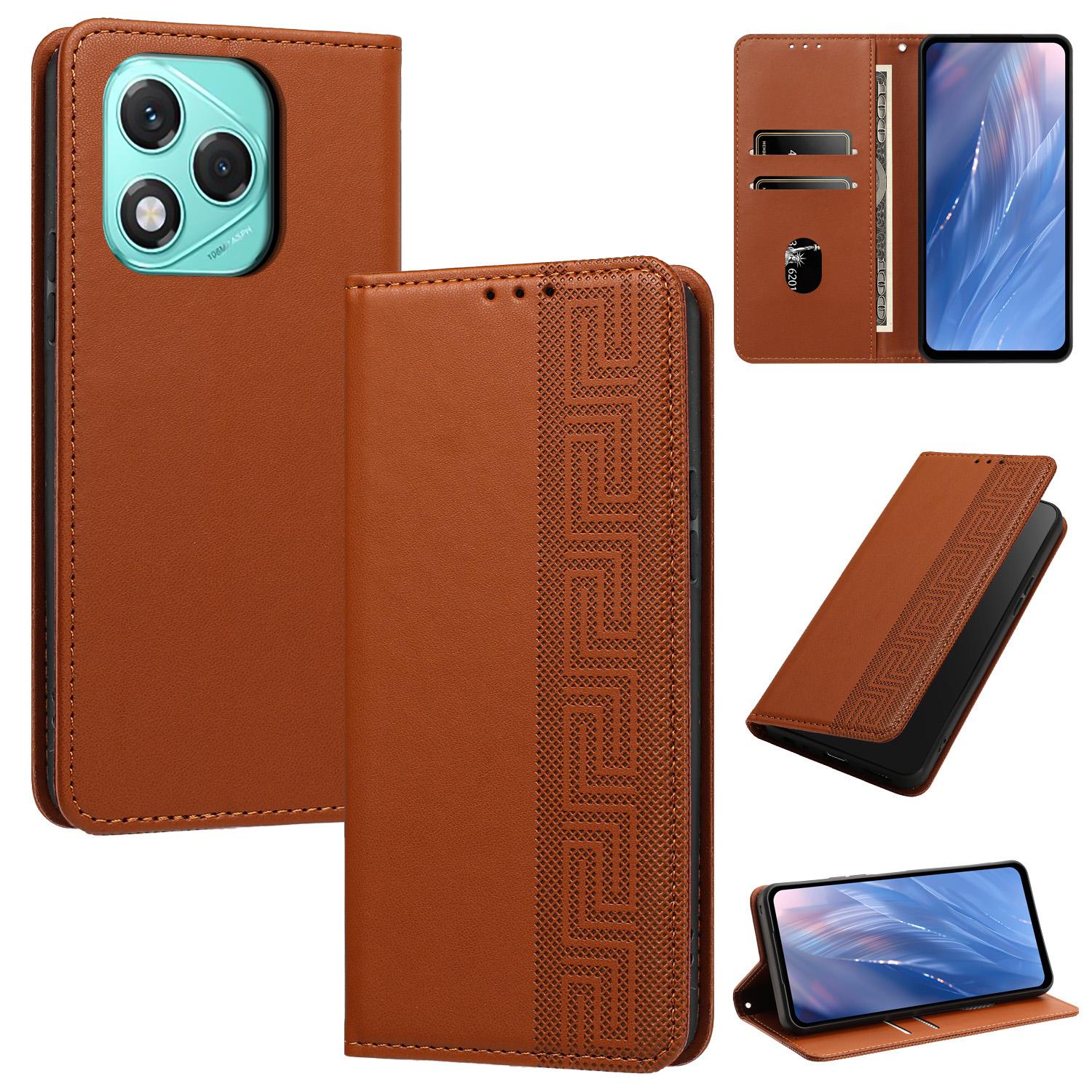 For Honor 400 Lite Global / X70i / X60i Embossed Meander Pattern RFID Vegan Leather Phone Case(Brown) - Shopkiz.com
