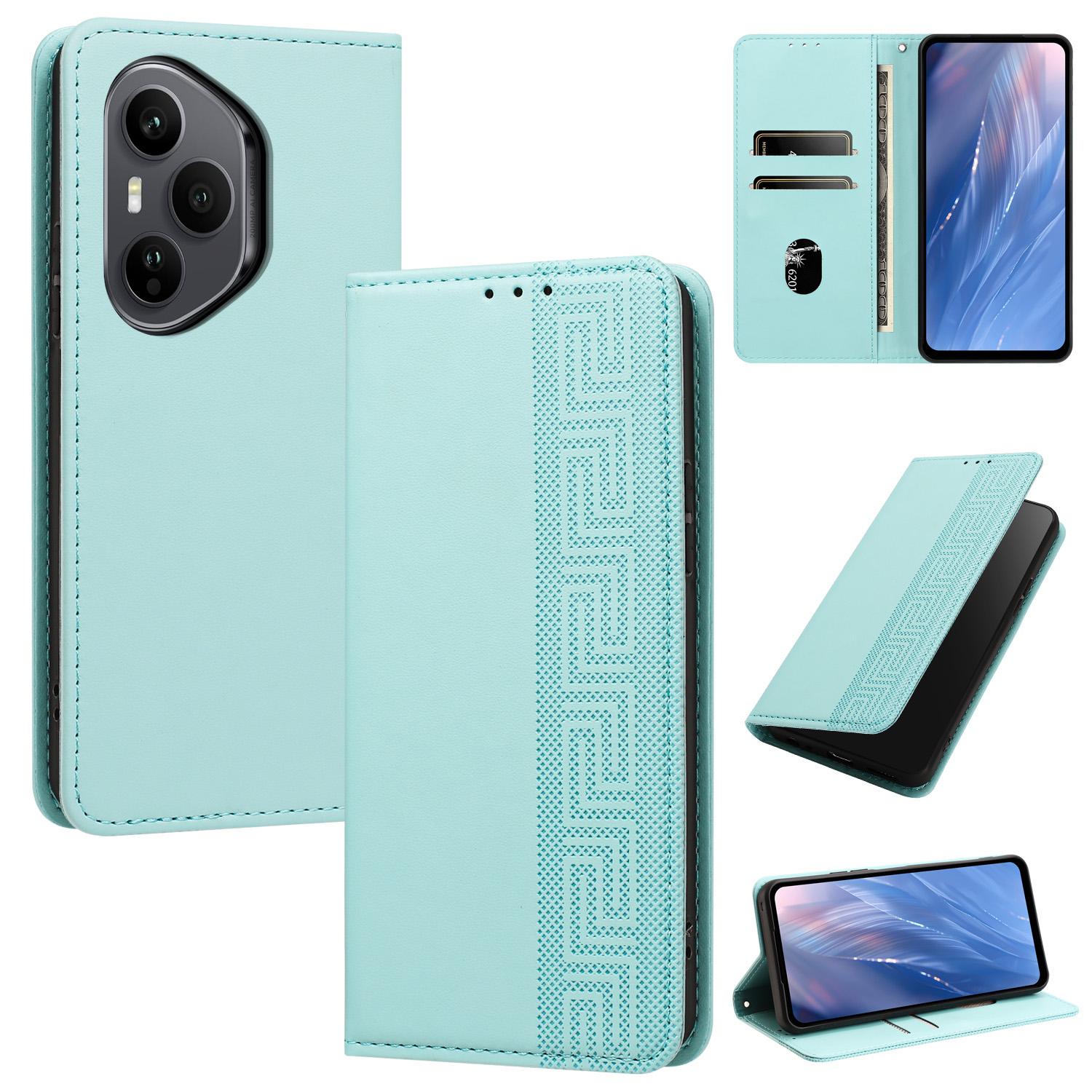 For Honor 400 Pro Global 160.8mm Embossed Meander Pattern RFID Vegan Leather Phone Case(Mint Green) - Shopkiz.com