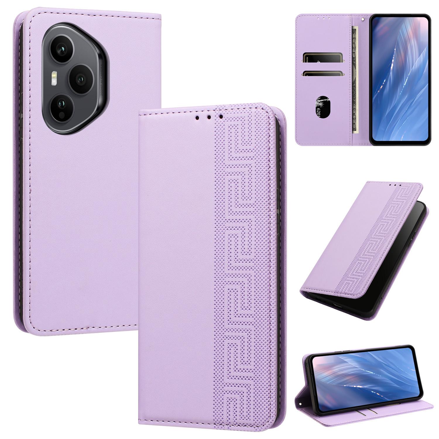 For Honor 400 Pro Global 160.8mm Embossed Meander Pattern RFID Vegan Leather Phone Case(Light Purple) - Shopkiz.com