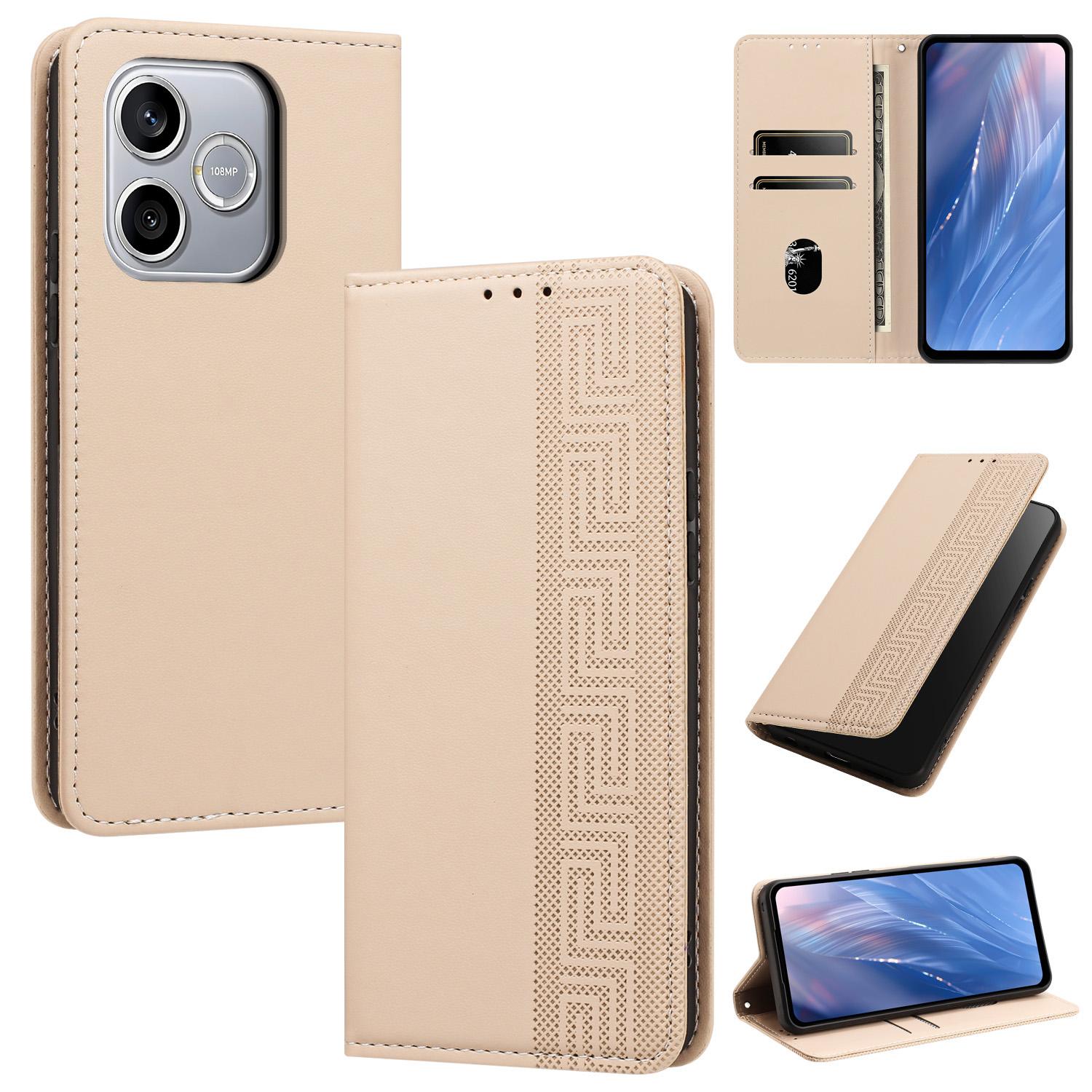 For Honor 600 Lite Global/500 Smart 5G Embossed Meander Pattern RFID Vegan Leather Phone Case(Beige) - Shopkiz.com