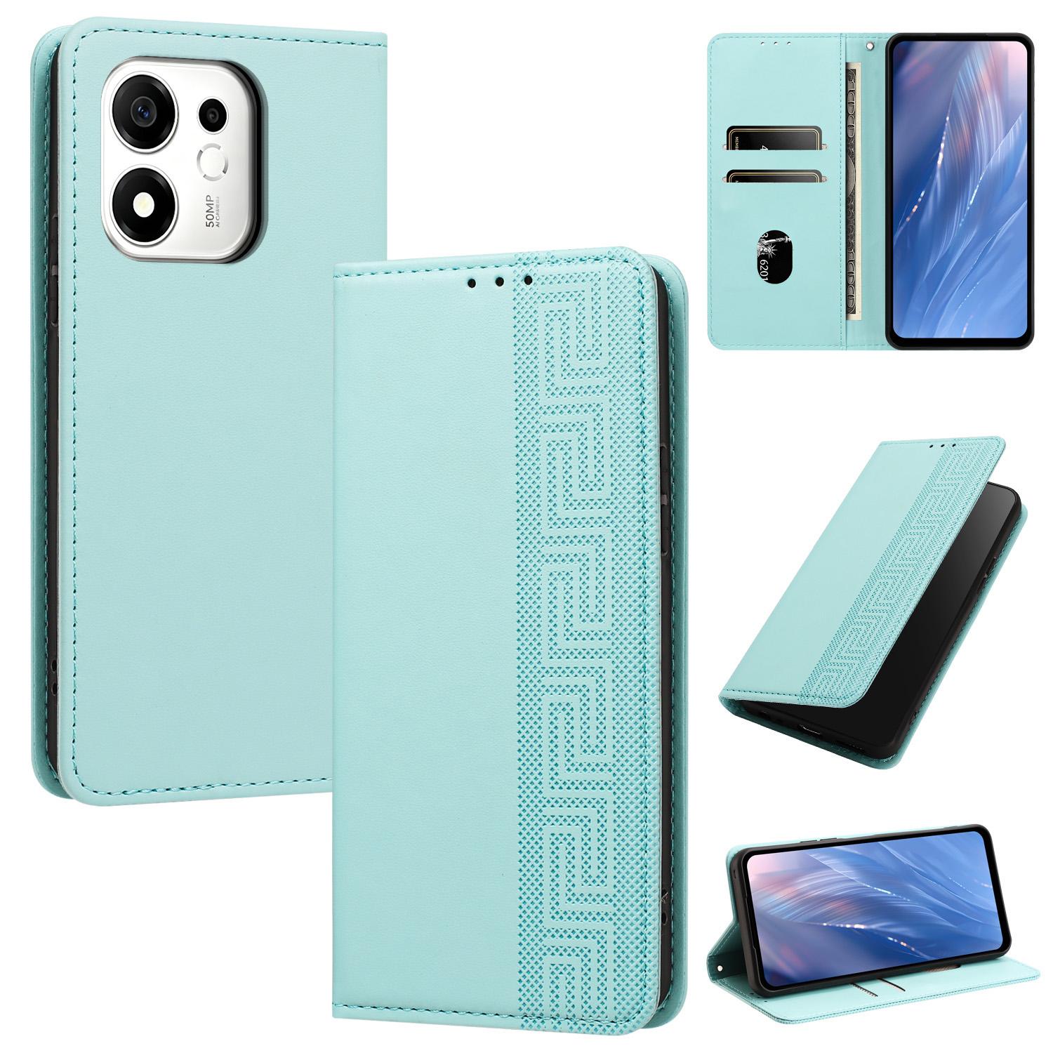 For Honor 600 Smart Embossed Meander Pattern RFID Vegan Leather Phone Case(Mint Green) - Shopkiz.com