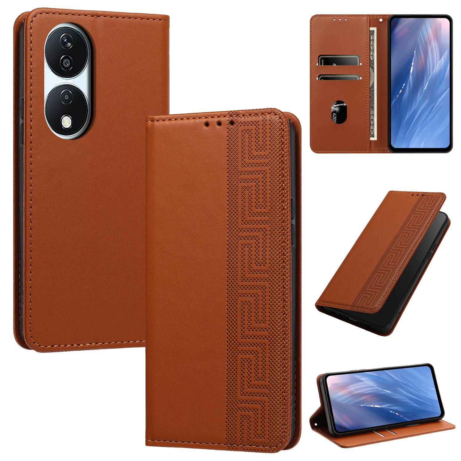 For Honor X7b 4G / X7b 5G / 90 Smart Embossed Meander Pattern RFID Vegan Leather Phone Case(Brown) - Shopkiz.com