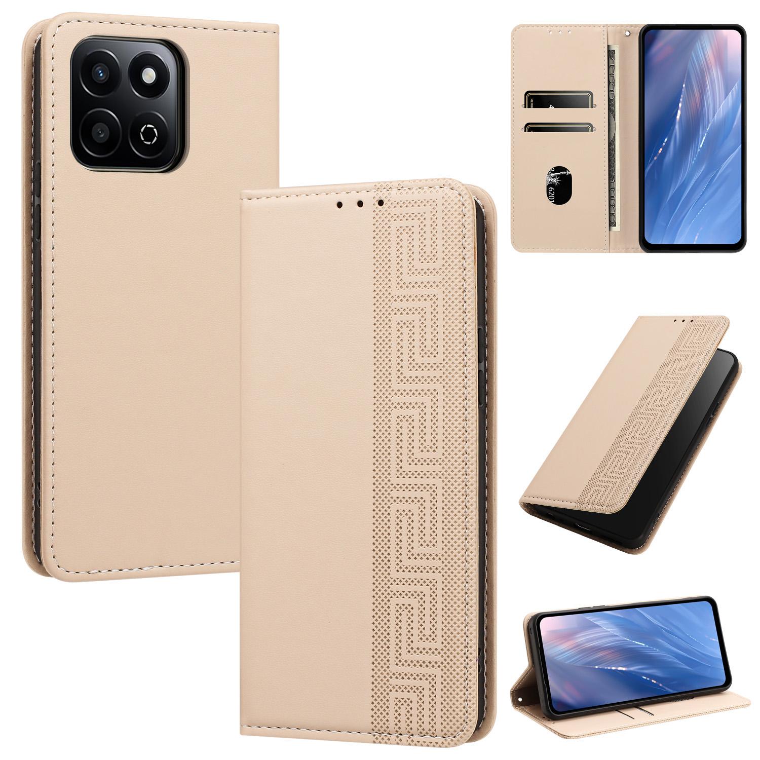 For Honor X7c 4G / 200 Smart 5G Embossed Meander Pattern RFID Vegan Leather Phone Case(Beige) - Shopkiz.com