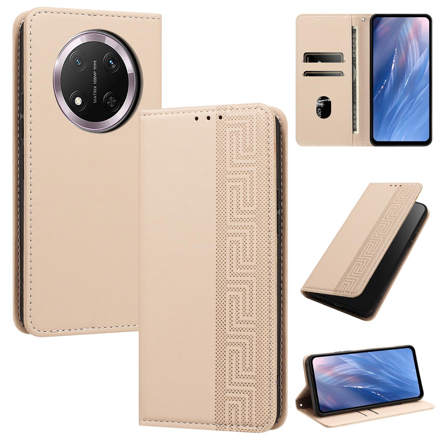 For Honor X9c 5G / Magic7 Lite Embossed Meander Pattern RFID Vegan Leather Phone Case(Beige) - Shopkiz.com