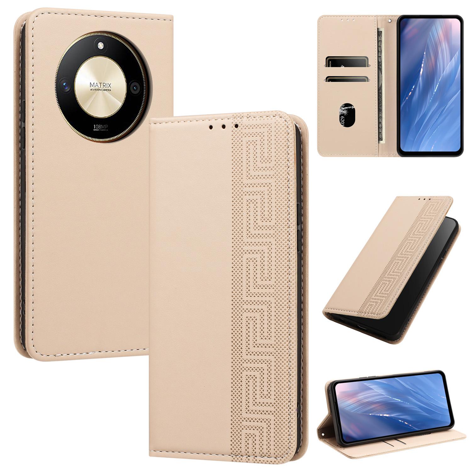 For Honor X50 / X9b 5G / Magic6 Lite Embossed Meander Pattern RFID Vegan Leather Phone Case(Beige) - Shopkiz.com