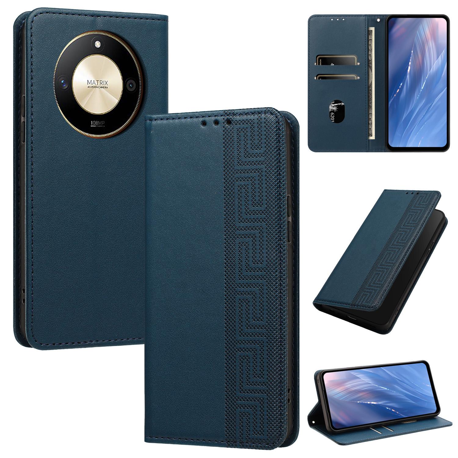 For Honor X50 / X9b 5G / Magic6 Lite Embossed Meander Pattern RFID Vegan Leather Phone Case(Dark Blue) - Shopkiz.com