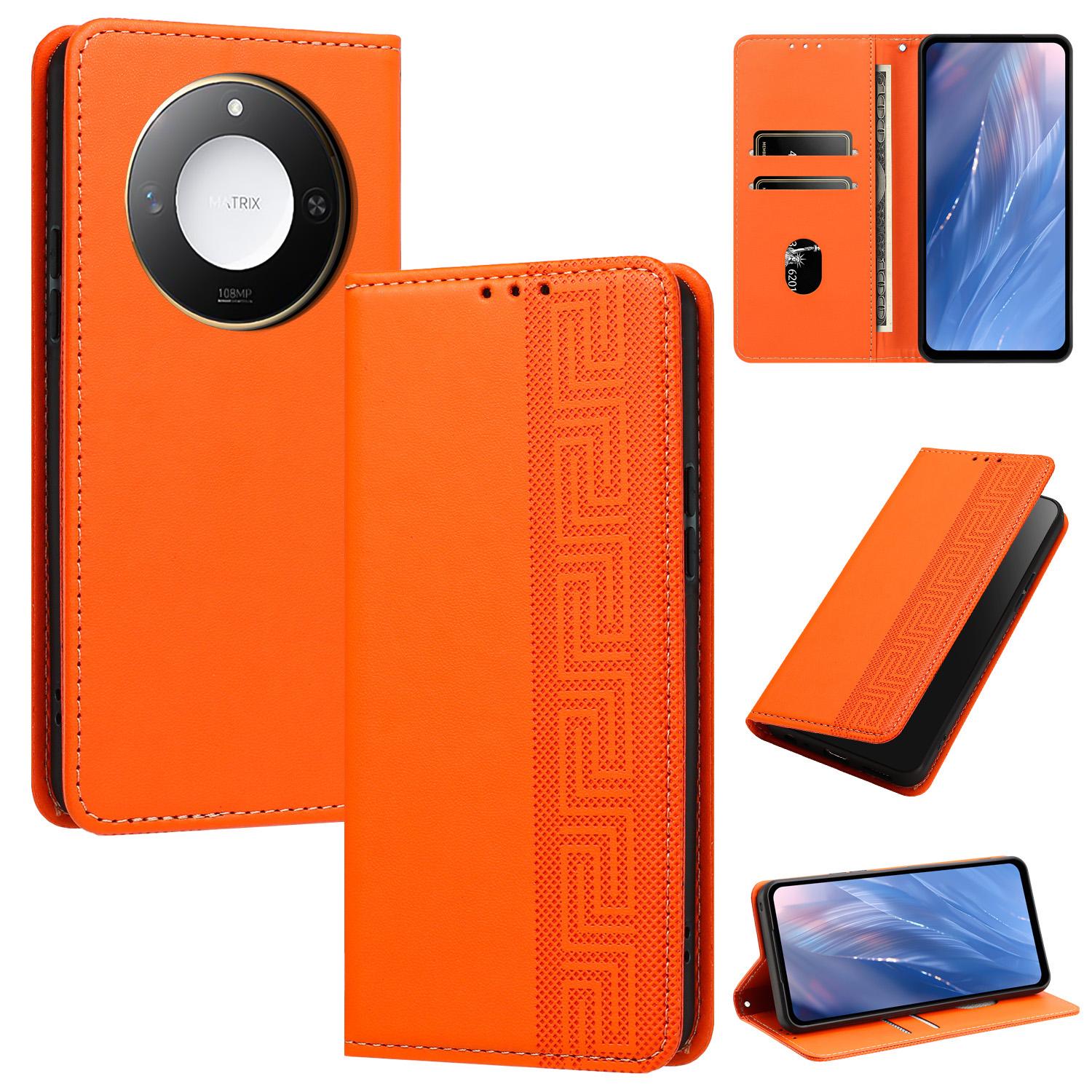 For Honor X60 / X9c Smart Embossed Meander Pattern RFID Vegan Leather Phone Case(Orange) - Shopkiz.com