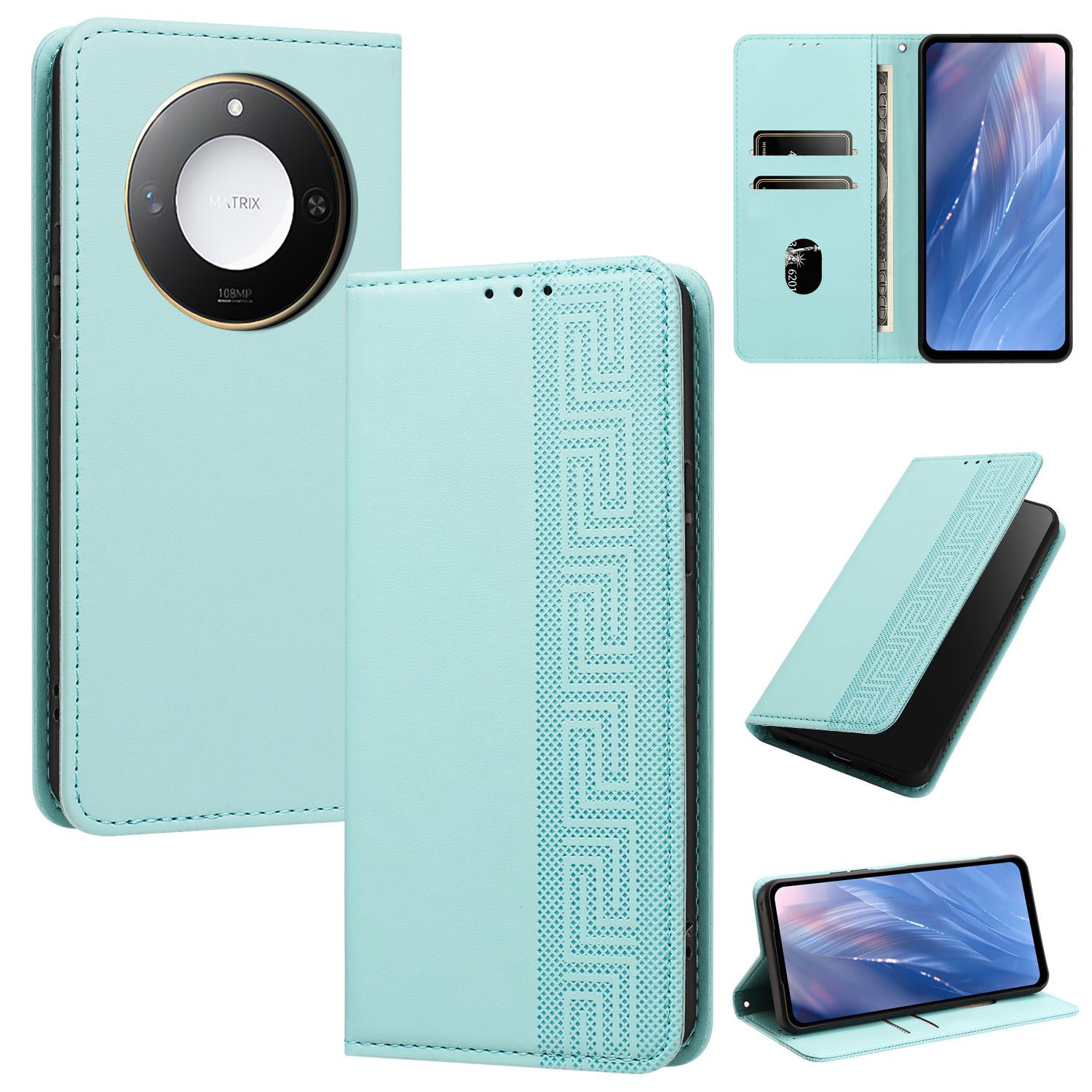 For Honor X60 / X9c Smart Embossed Meander Pattern RFID Vegan Leather Phone Case(Mint Green) - Shopkiz.com